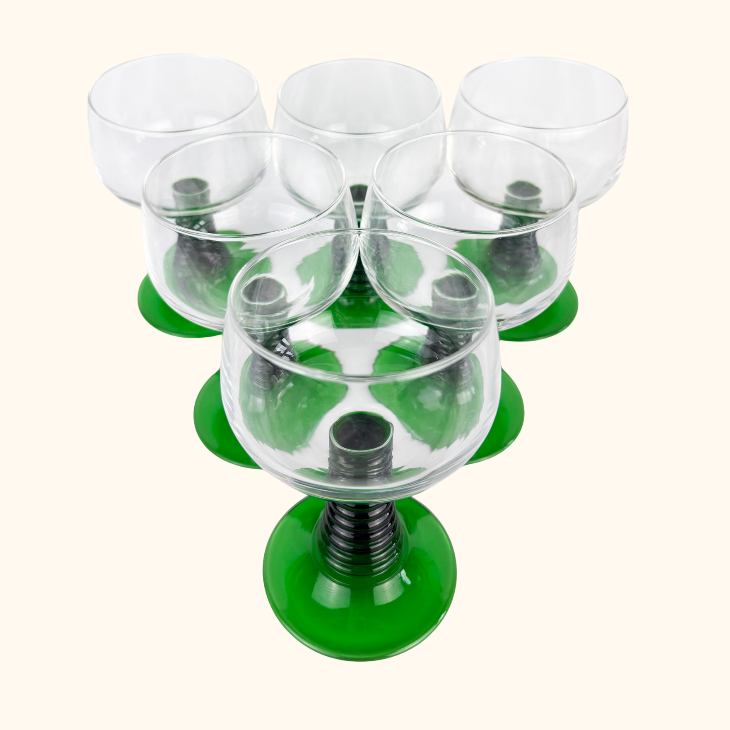 Vintage Luminarc French Green Ribbed Goblet Glasses - Set of 6 - - Glassware