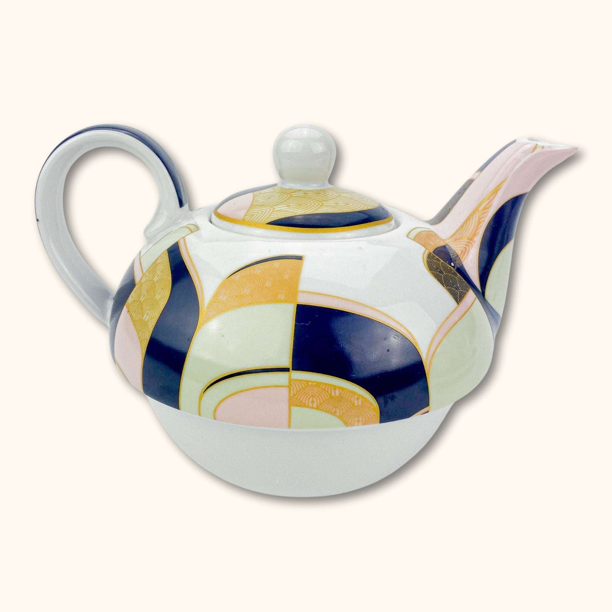 Gold and Pink Art Deco Tea for One Teapot Cup and Saucer - - Dishware