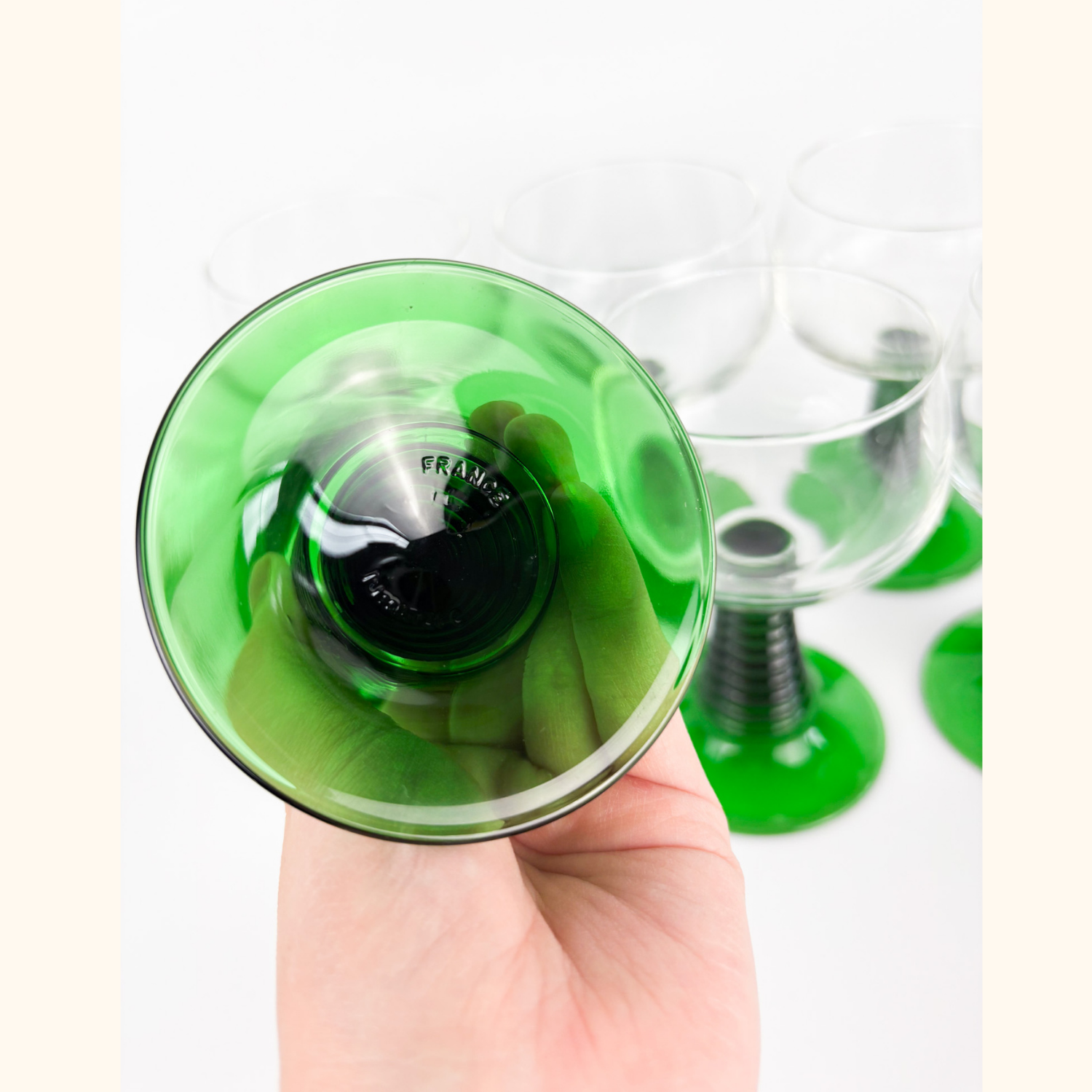 Vintage Luminarc French Green Ribbed Goblet Glasses - Set of 6 - - Glassware