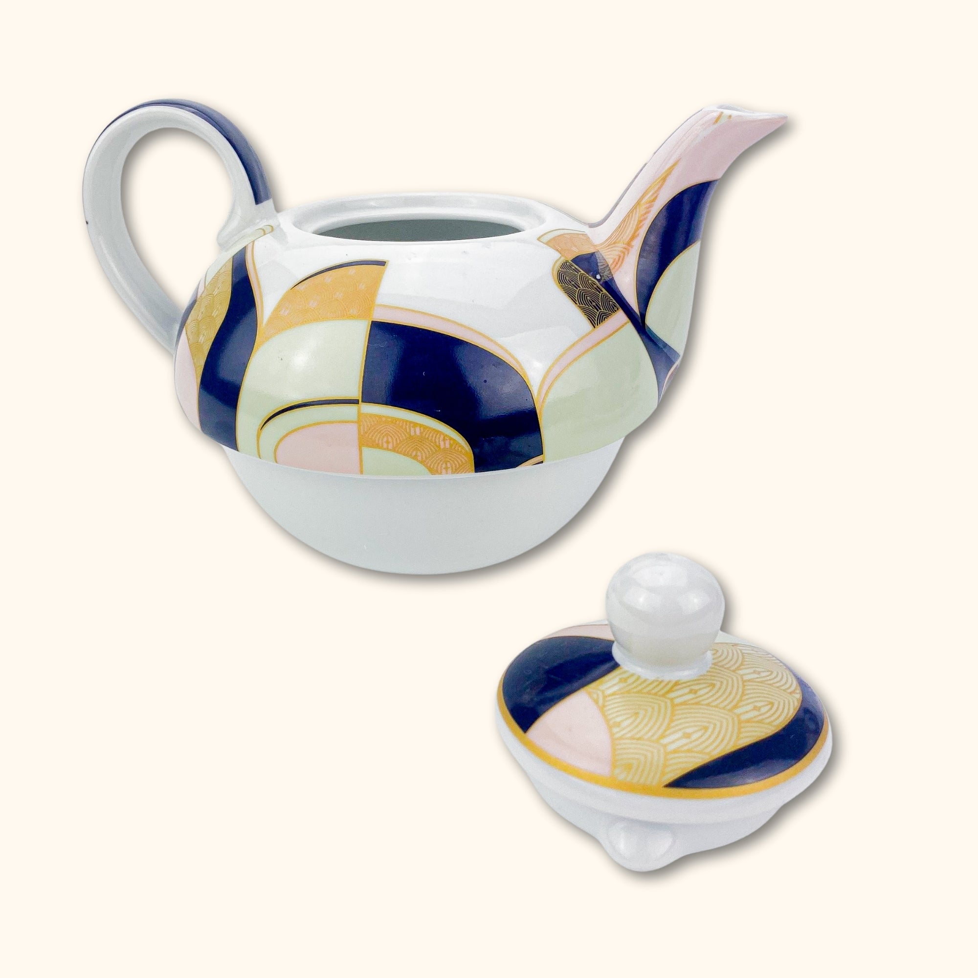 Gold and Pink Art Deco Tea for One Teapot Cup and Saucer - - Dishware