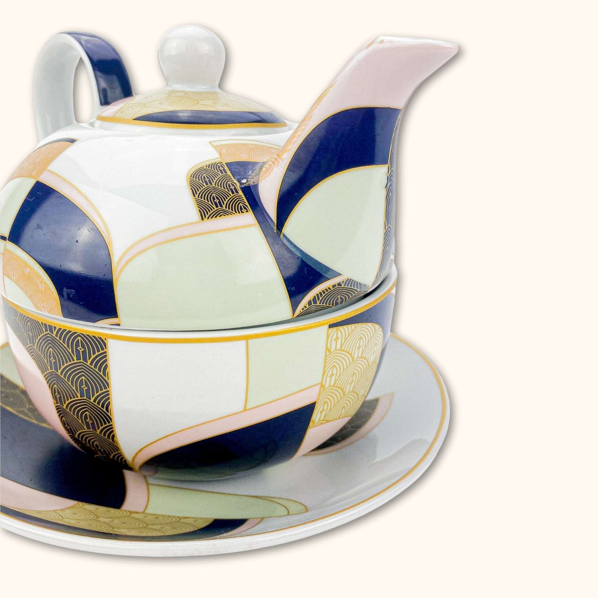 Gold and Pink Art Deco Tea for One Teapot Cup and Saucer - - Dishware