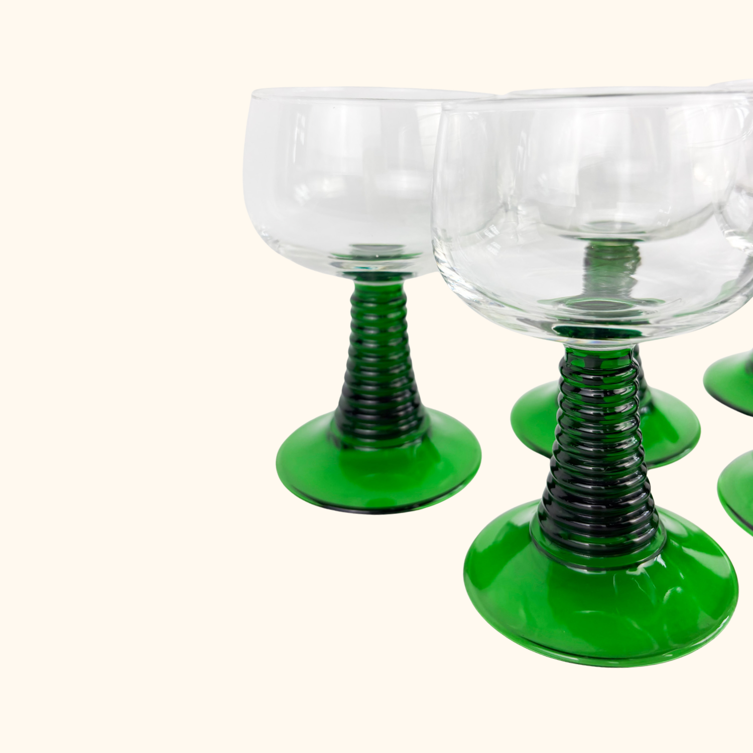 Vintage Luminarc French Green Ribbed Goblet Glasses - Set of 6 - - Glassware