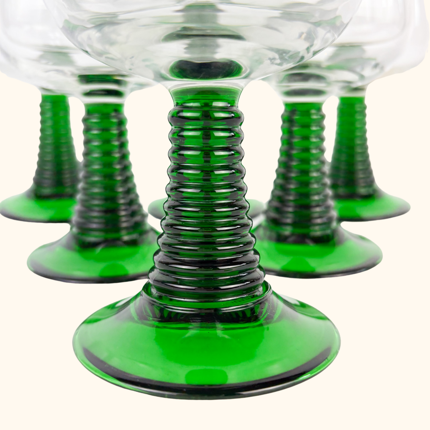 Vintage Luminarc French Green Ribbed Goblet Glasses - Set of 6 - - Glassware