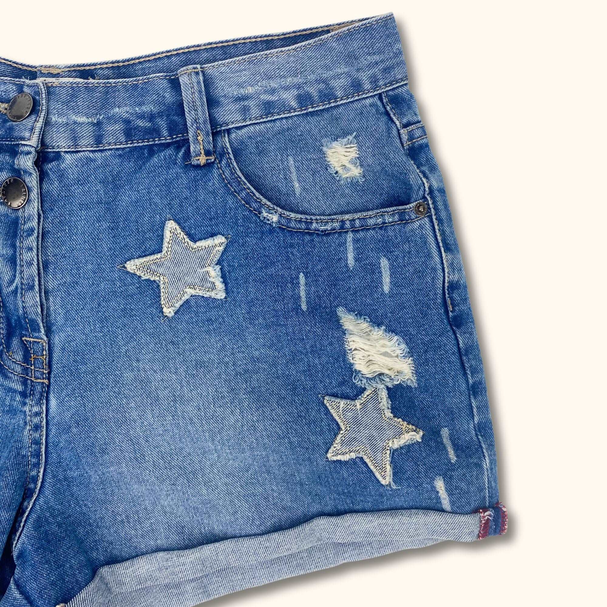 Blue High Waist Denim Shorts with Stars - Size 12 -  - Shorts