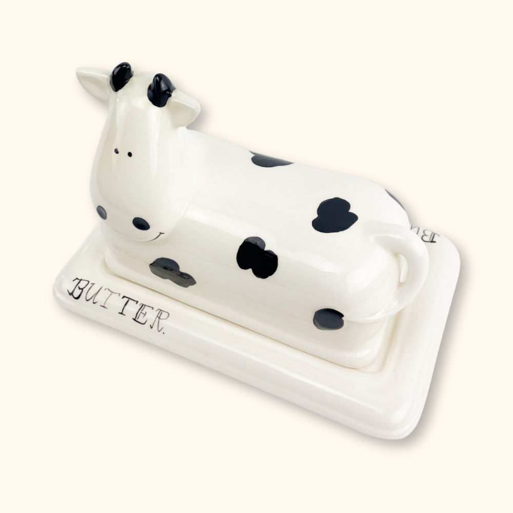 Hand Painted Ceramic Cow Butter Dish with Lid - - Kitchenware
