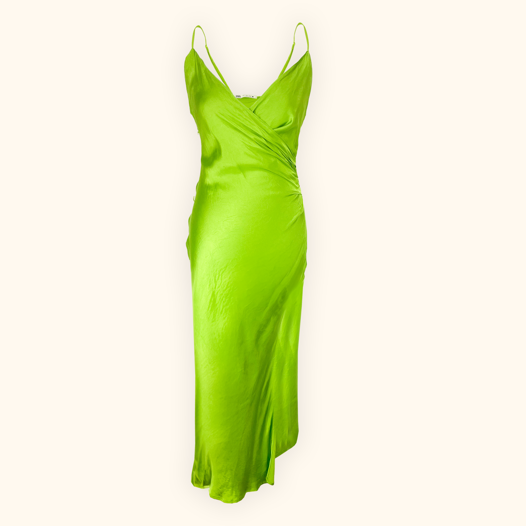 Zara Neon Lime Green Cami Satin Midi Dress - Size Small Zara