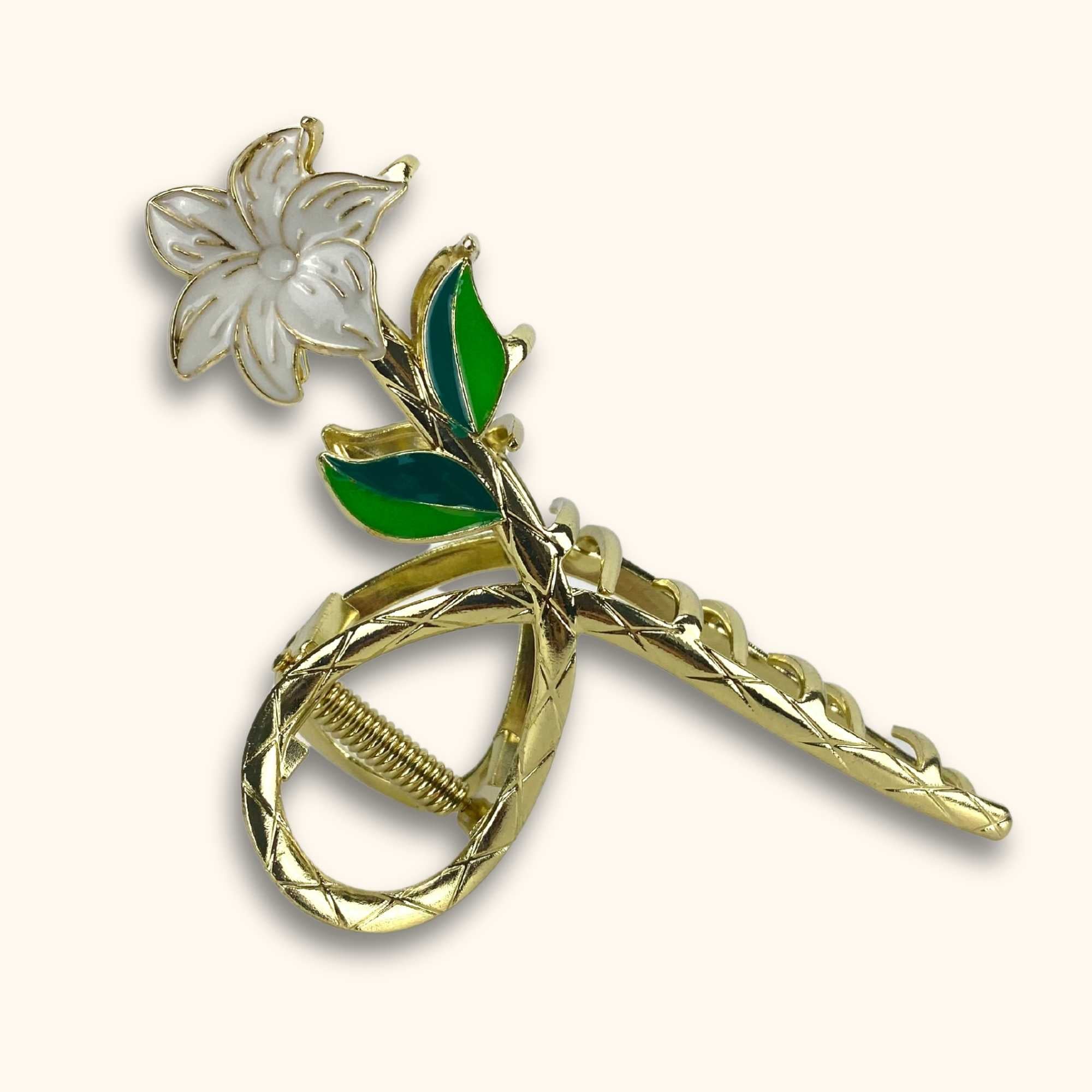 Large Flower Hair Clip White and Gold - - Hair accessories