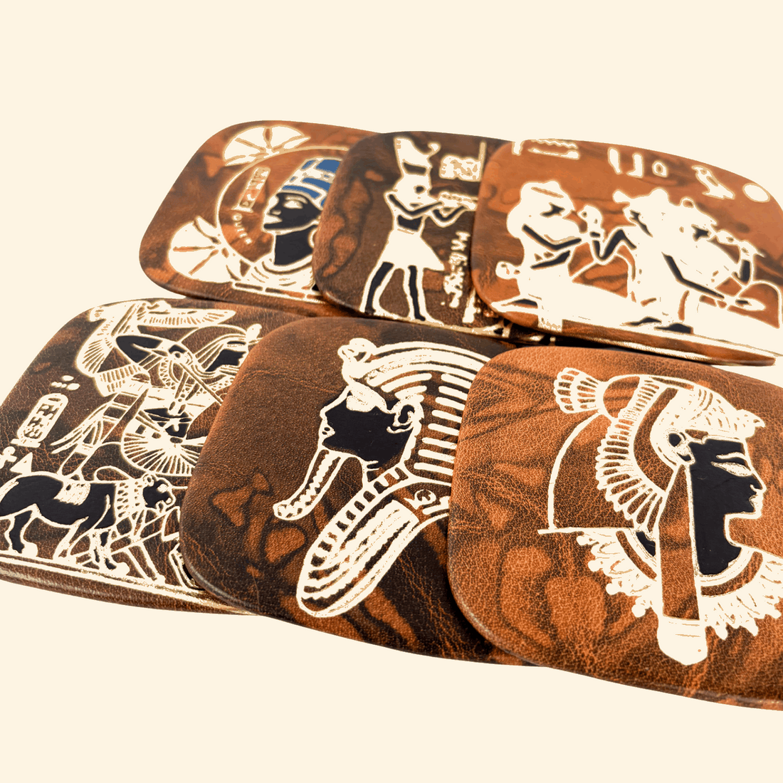 Vintage 1960s Egyptian Brown Leather Coasters - Set of 6 Sunshine Thrift