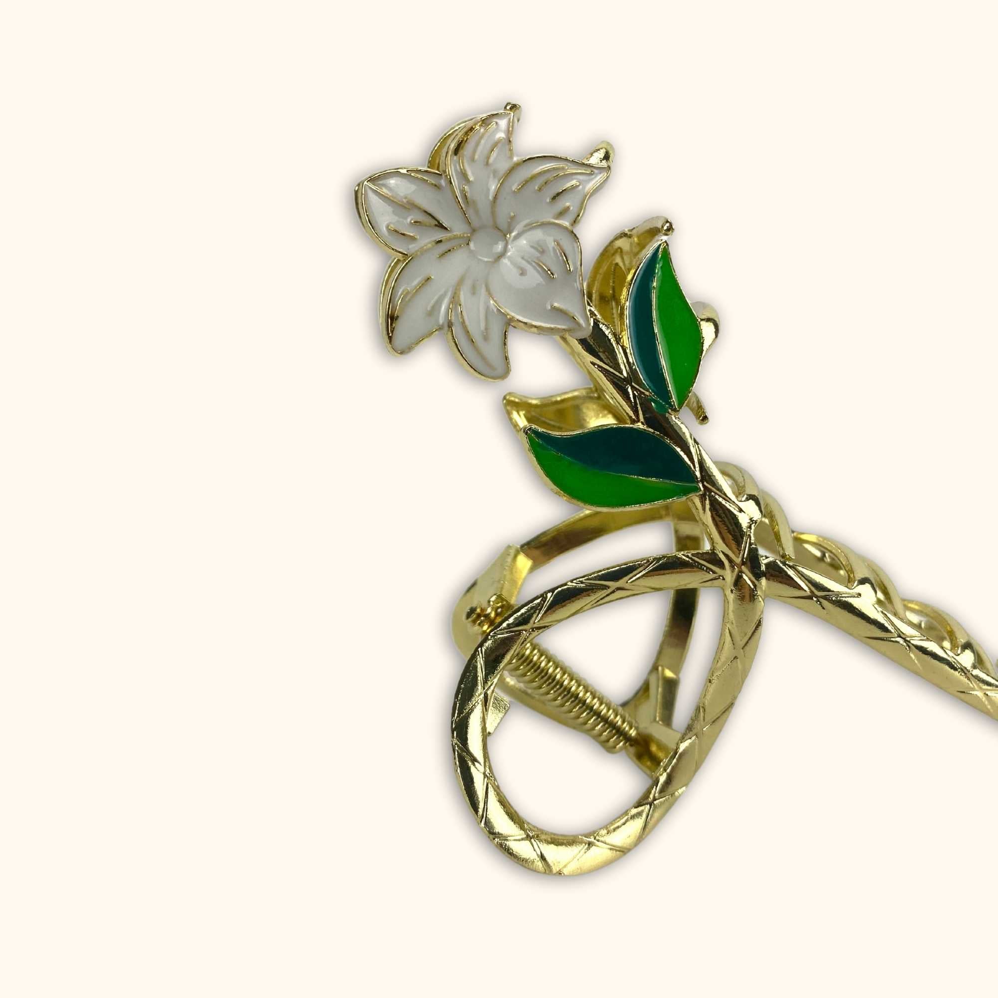Large Flower Hair Clip White and Gold - - Hair accessories