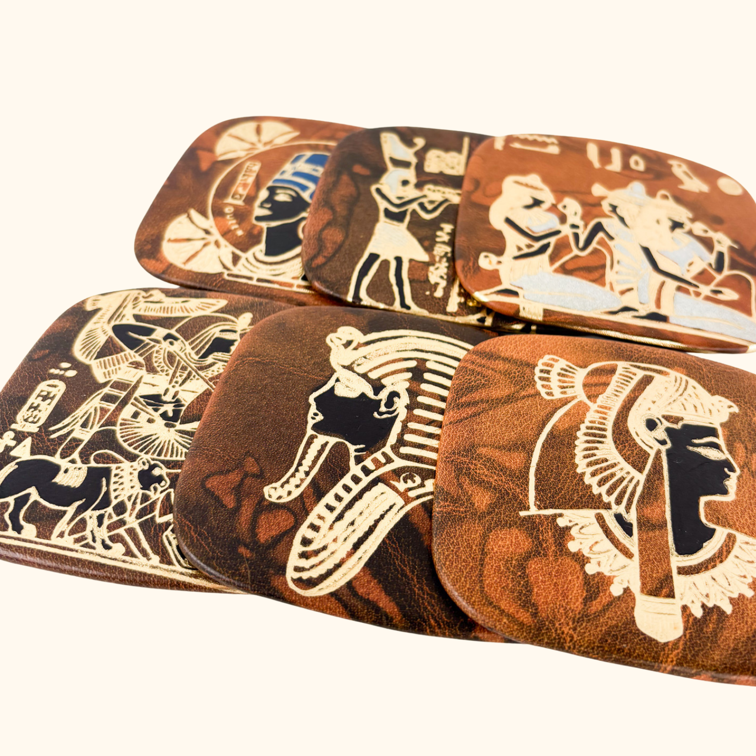 Vintage 1960s Egyptian Brown Leather Coasters - Set of 6 Sunshine Thrift