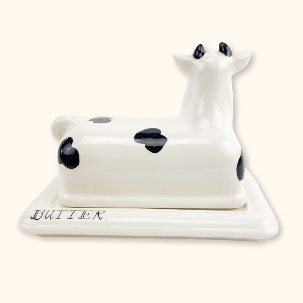 Hand Painted Ceramic Cow Butter Dish with Lid - - Kitchenware