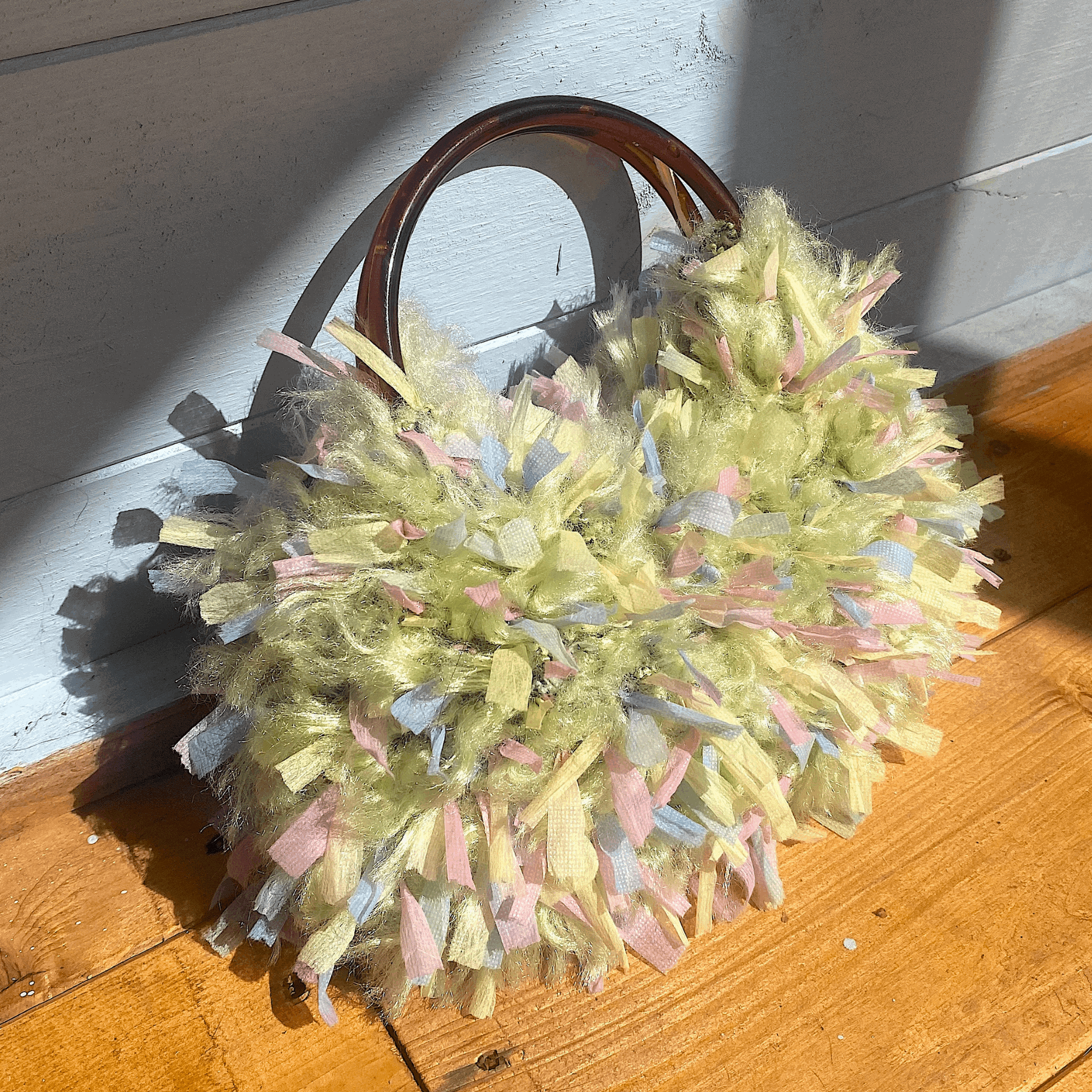Handmade Fluffy Knitted Handbag with Brown Handle - - Bags
