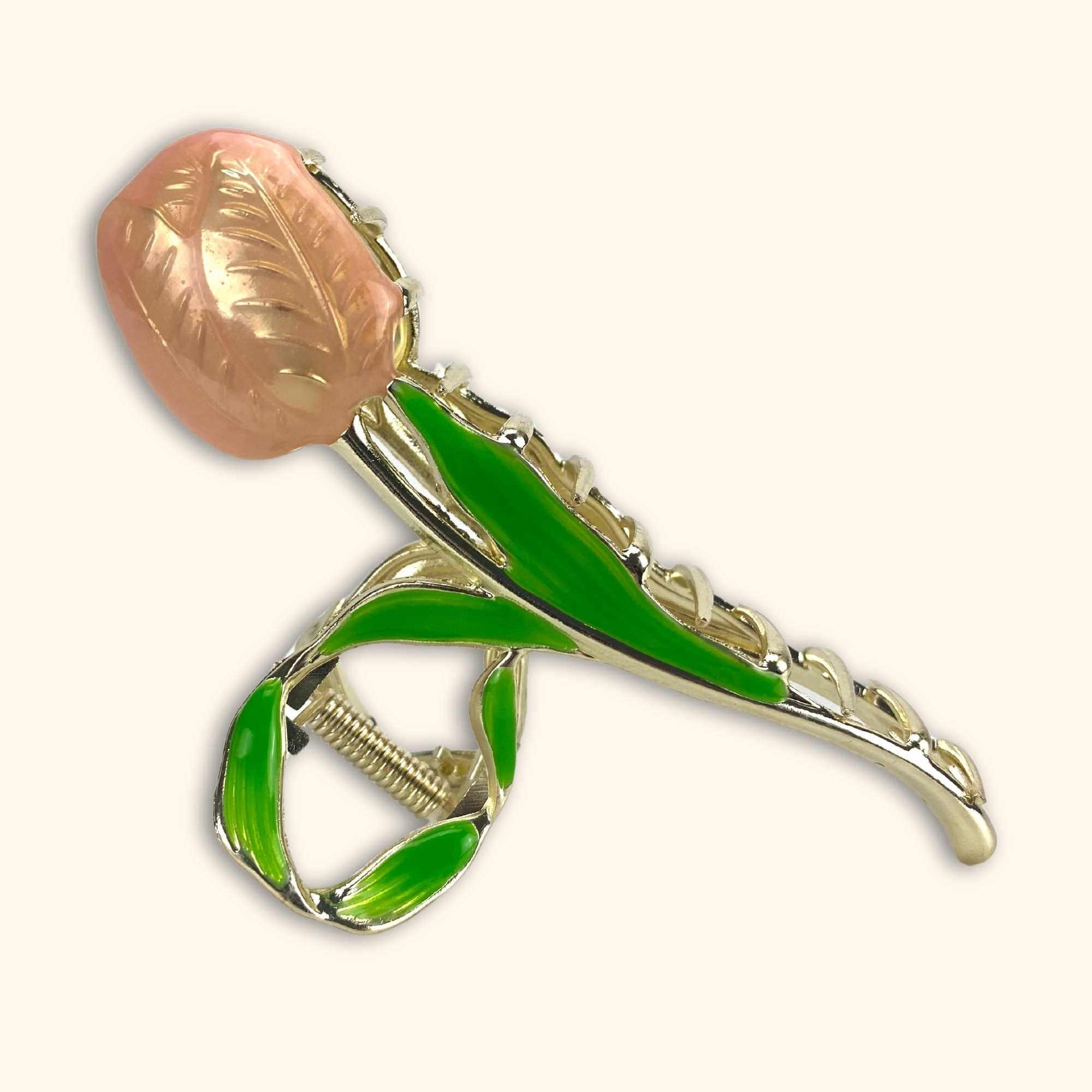 Large Tulip flower Hair Clip Pink and Gold - - Hair accessories