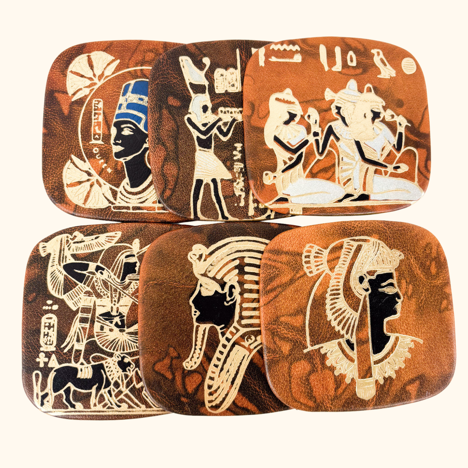 Vintage 1960s Egyptian Brown Leather Coasters - Set of 6 Sunshine Thrift