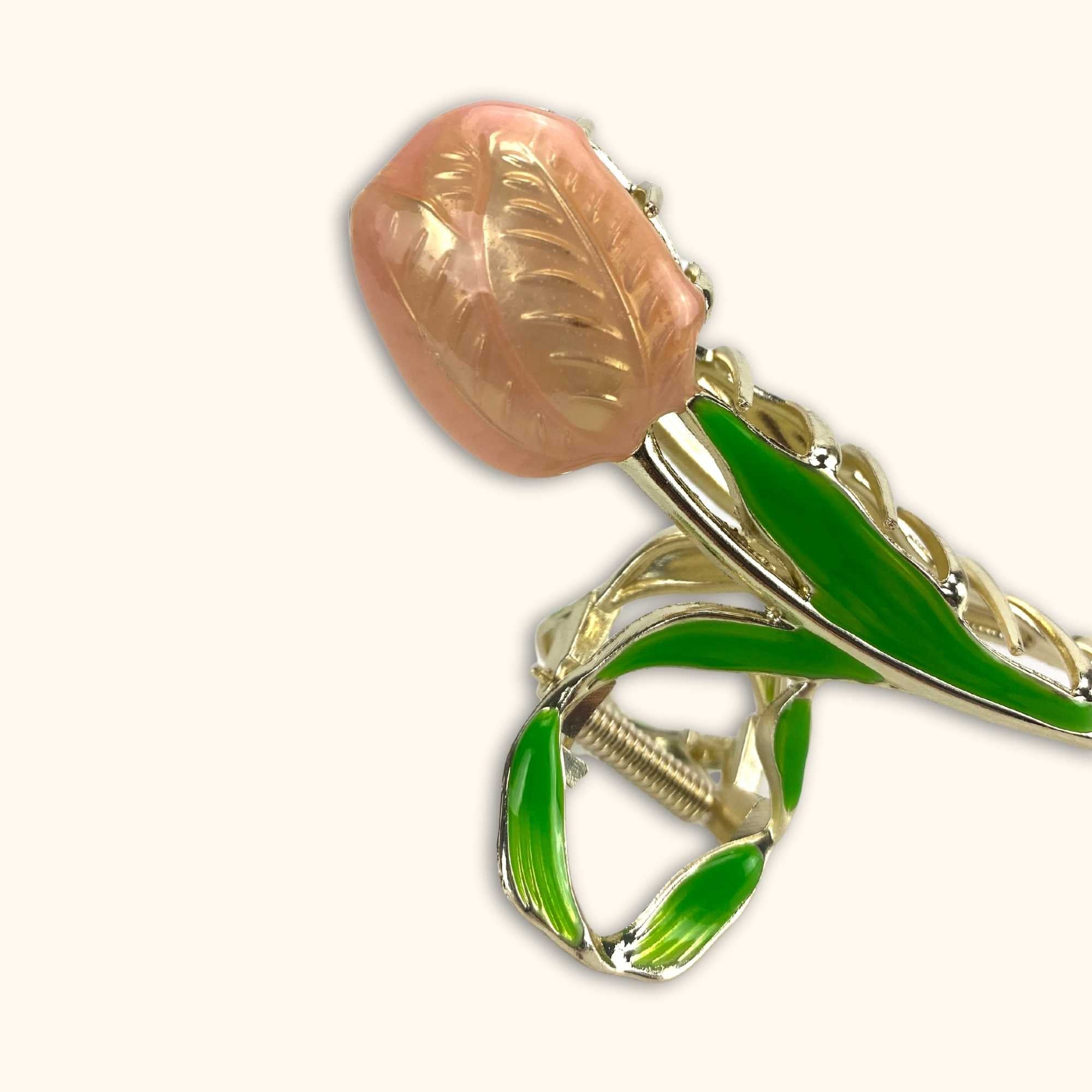 Large Tulip flower Hair Clip Pink and Gold - - Hair accessories