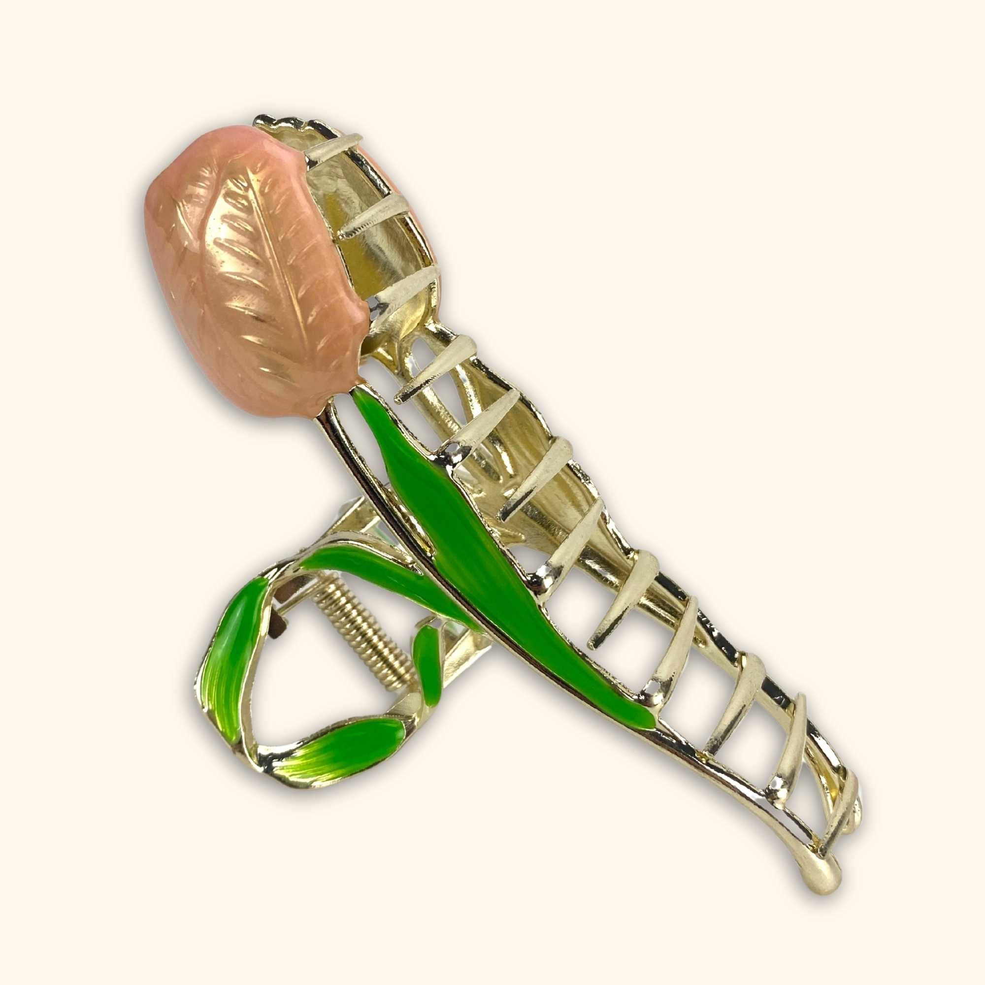 Large Tulip flower Hair Clip Pink and Gold - - Hair accessories