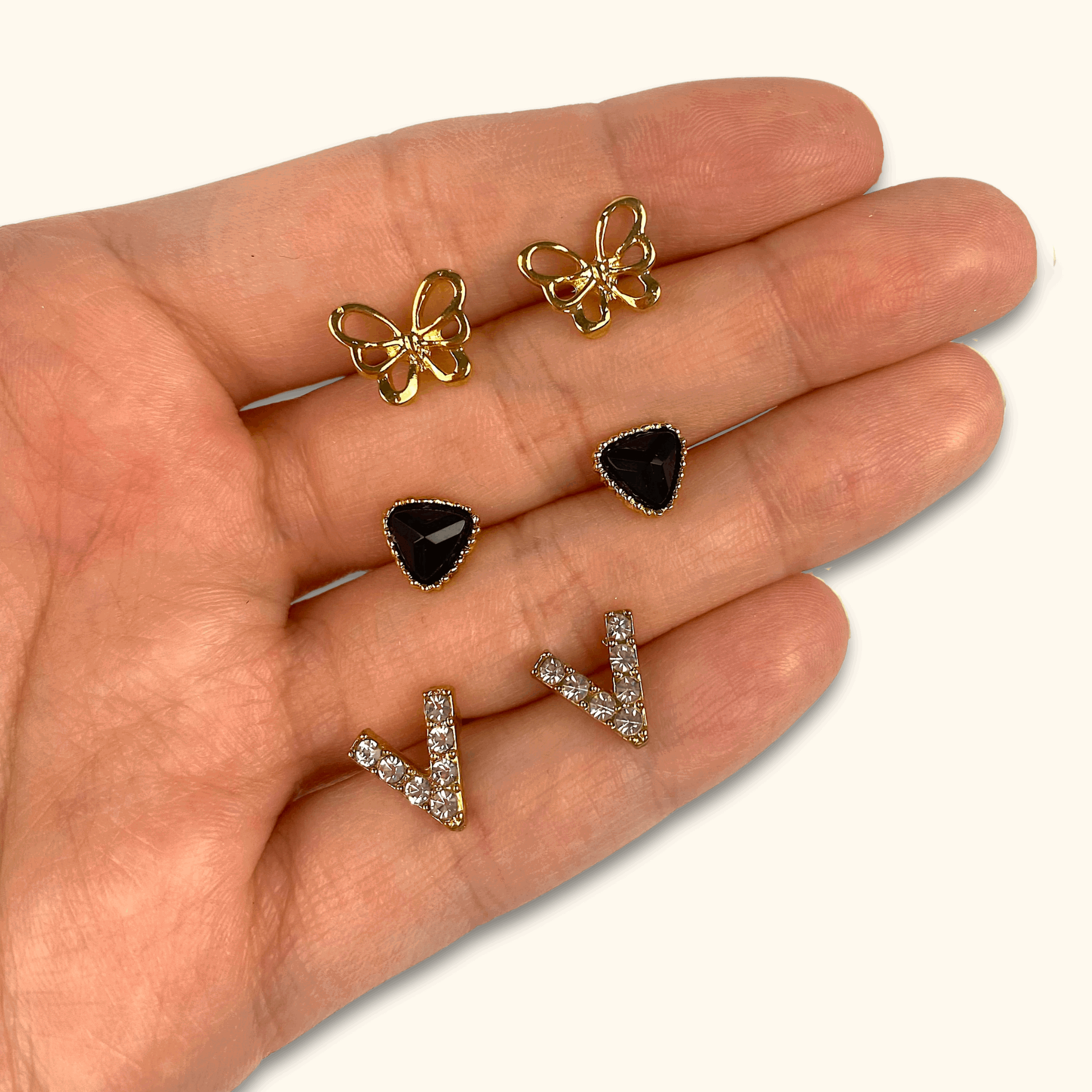 Black and Gold Stud Earrings - Pack of Three -  - Jewellery