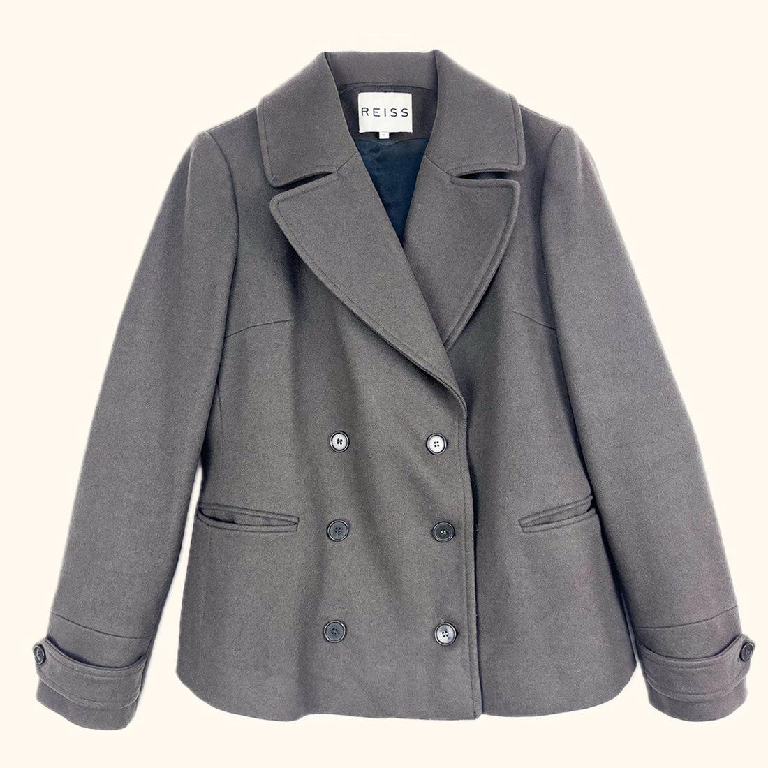 Reiss Dark Grey Double Breasted Wool Blend Peacoat - Size Medium Reiss