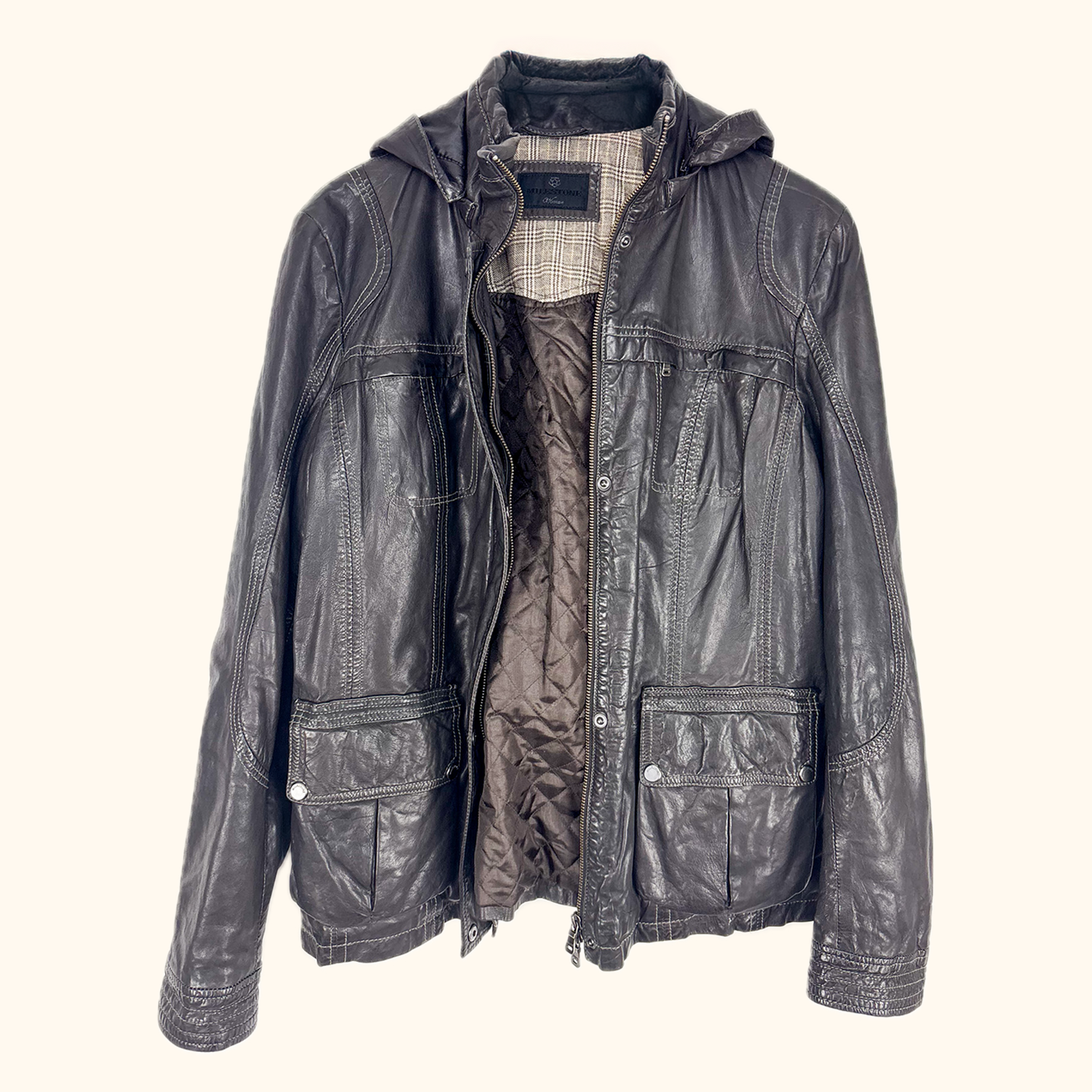 Milestone Hooded Leather Biker Jacket - Size Small Milestone