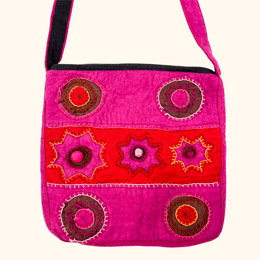 Nepal 100% Wool Felt Pink Boho Crossbody Bag Namaste