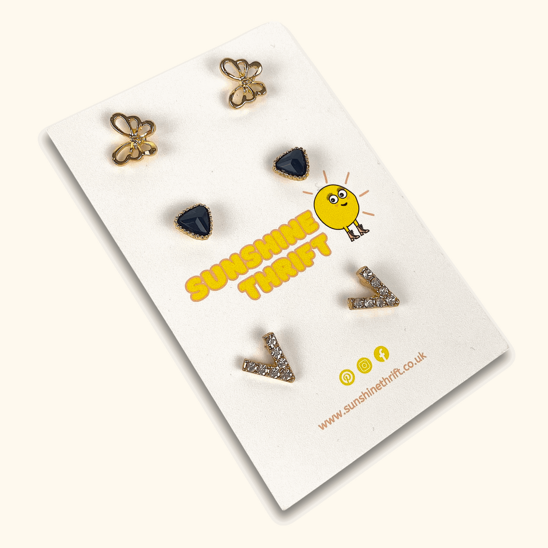 Black and Gold Stud Earrings - Pack of Three -  - Jewellery