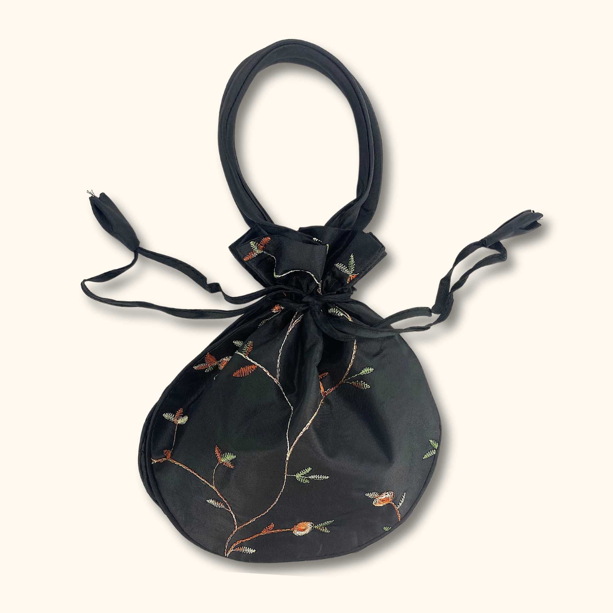 Drawstring Mini Floral Bag Black - - Bags