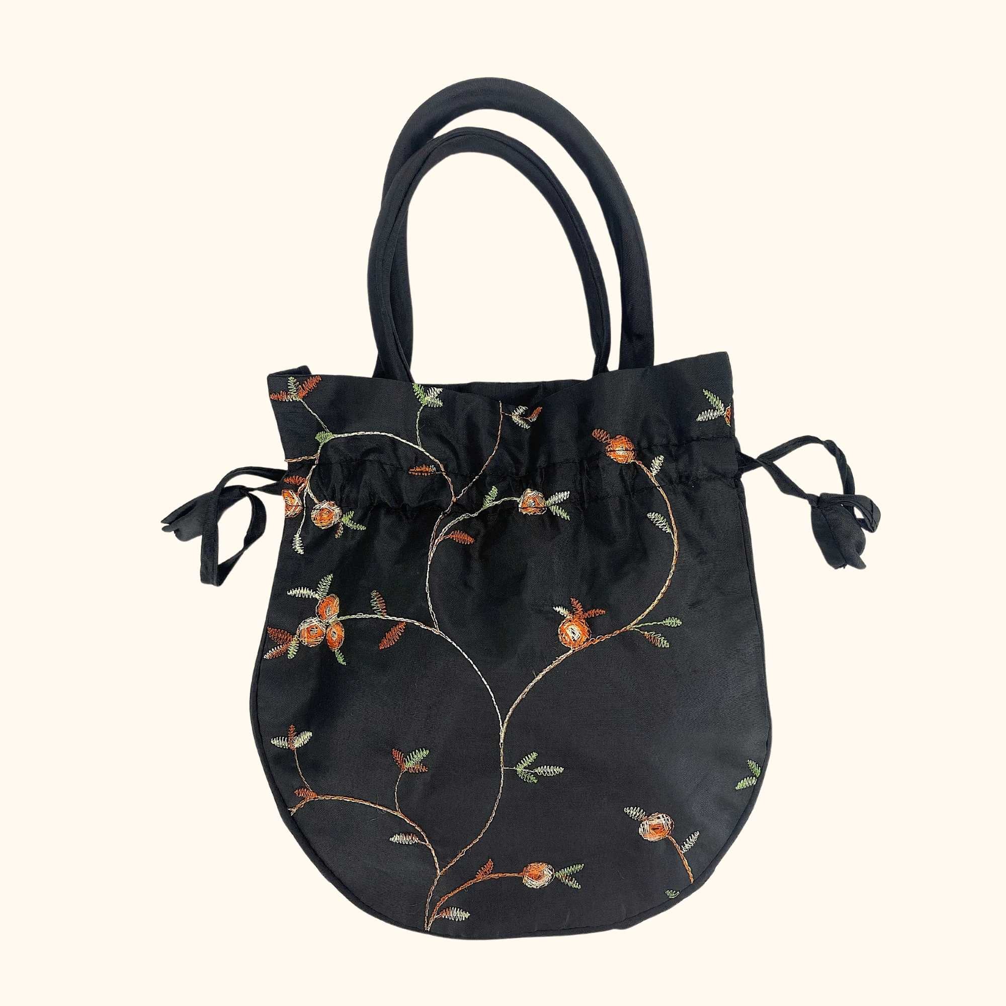Drawstring Mini Floral Bag Black - - Bags