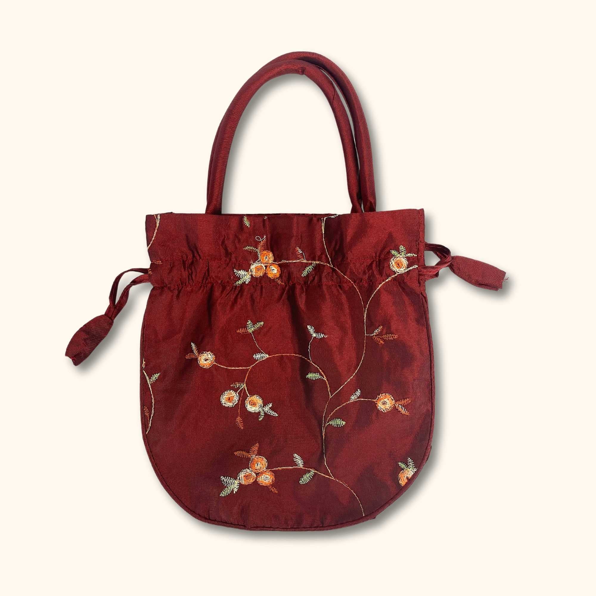 Drawstring Floral Bag Dark Red - - Bags