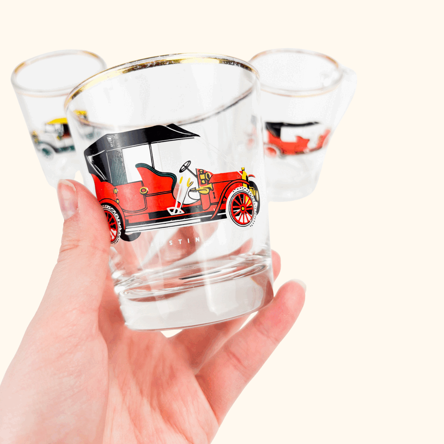 Vintage 1950s Classic Car Tumbler Glass and Shot Glass Set - - Glassware