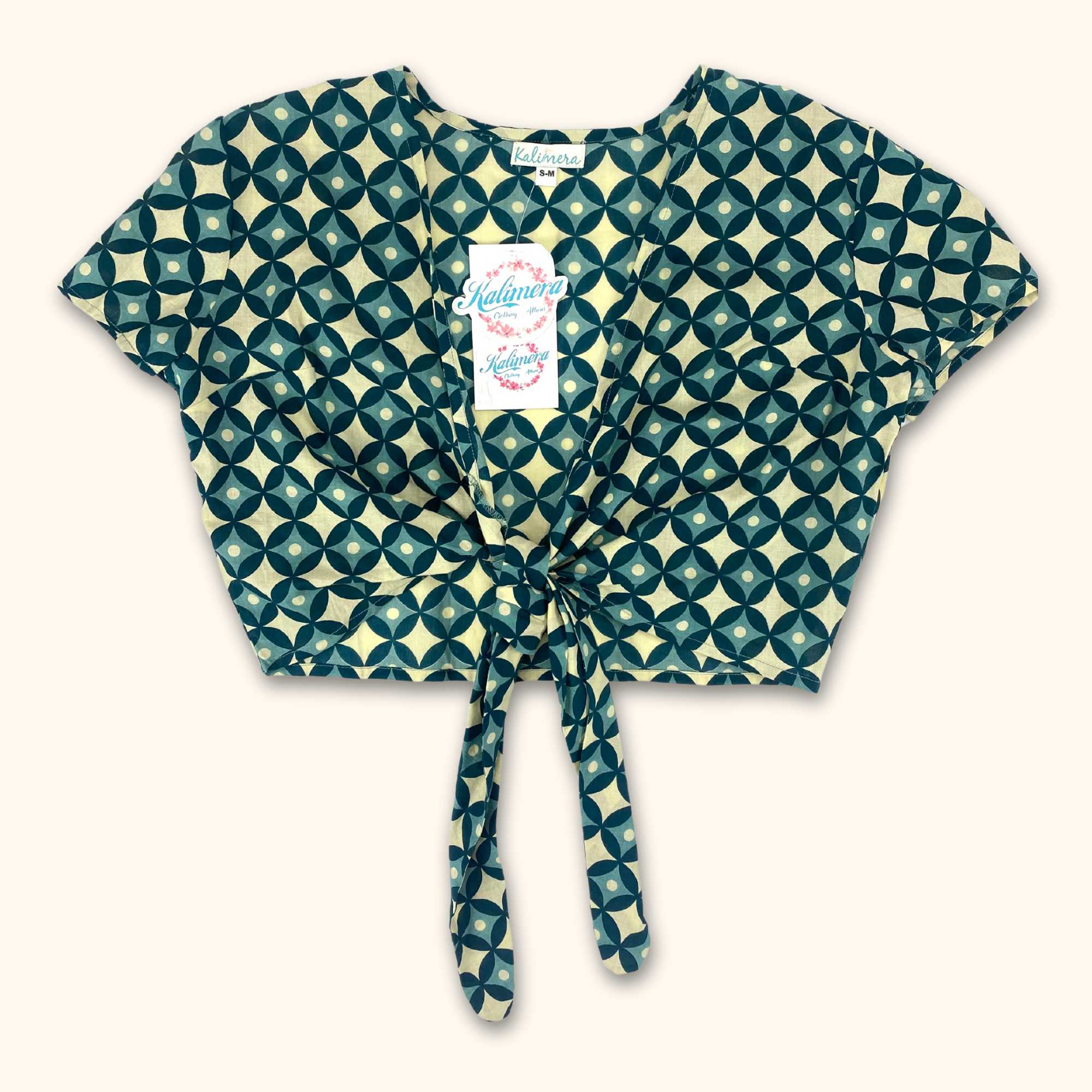 Tie Front Cropped Short Sleeve Shirt Teal - Size Small - - Tops & Shirts