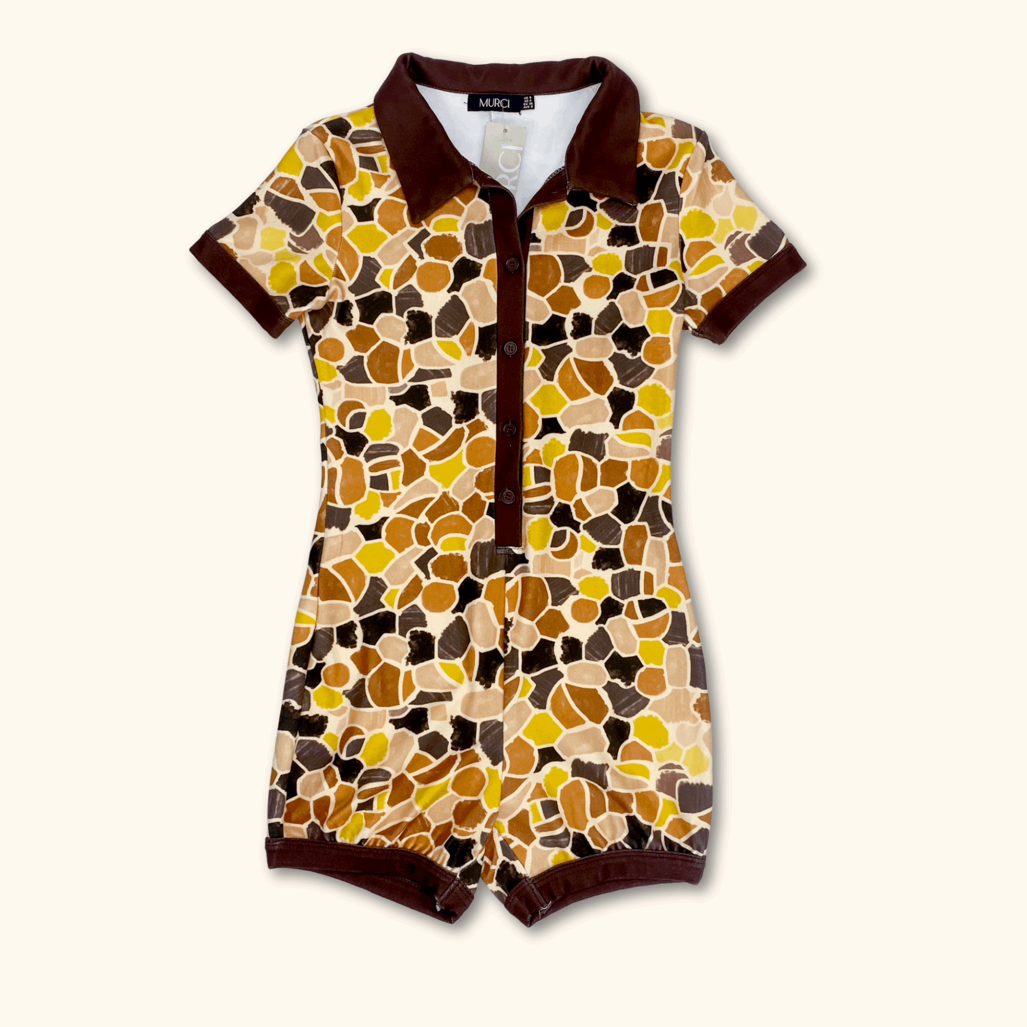Murci 70s Inspired Brown Short Sleeve Patterned Playsuit - Size 8 - - Jumpsuits & playsuits