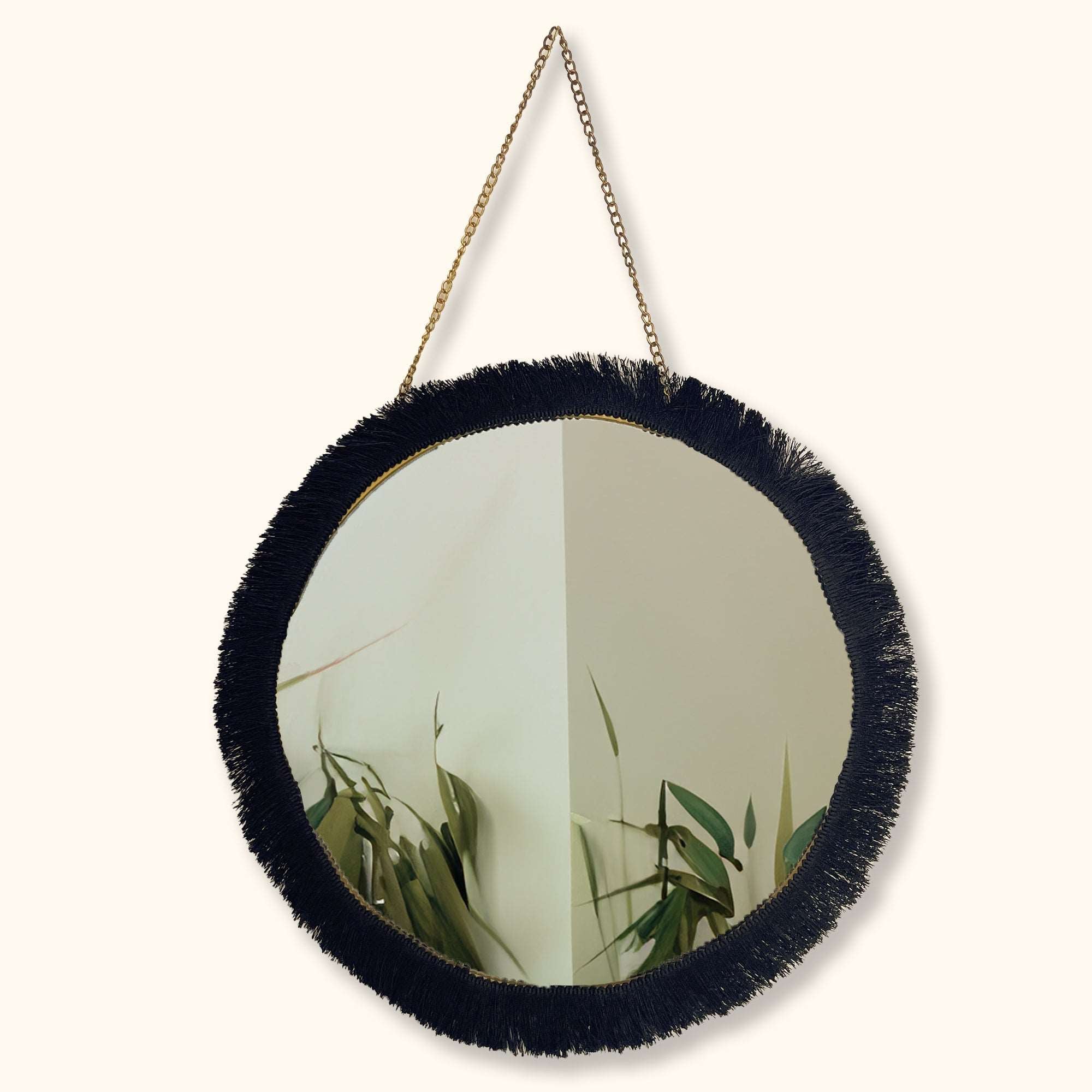 Black Fringe Gold Circle Hanging Mirror -  - Mirrors