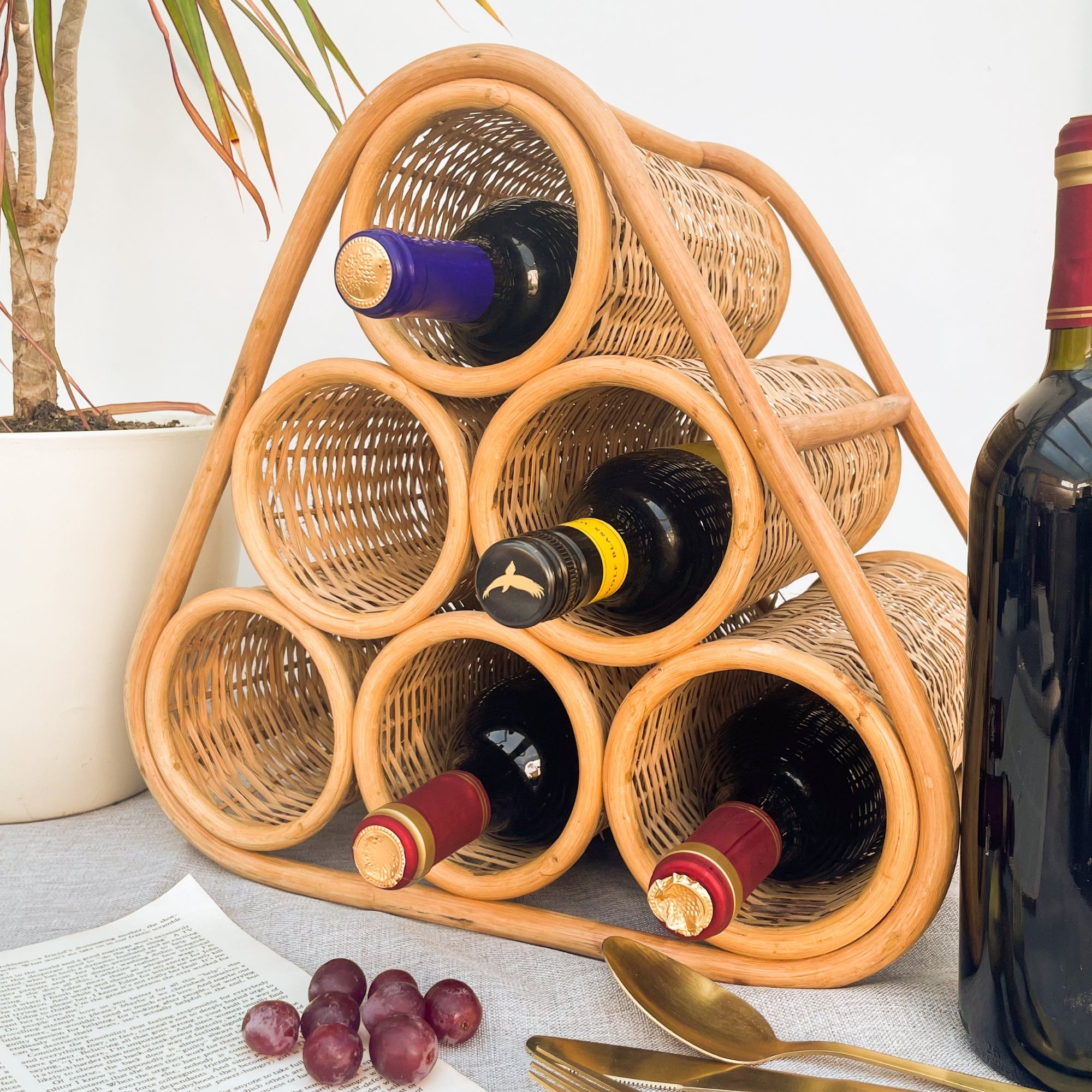 Vintage Bamboo Wicker 6-Bottle Wine Rack -  - Kitchenware