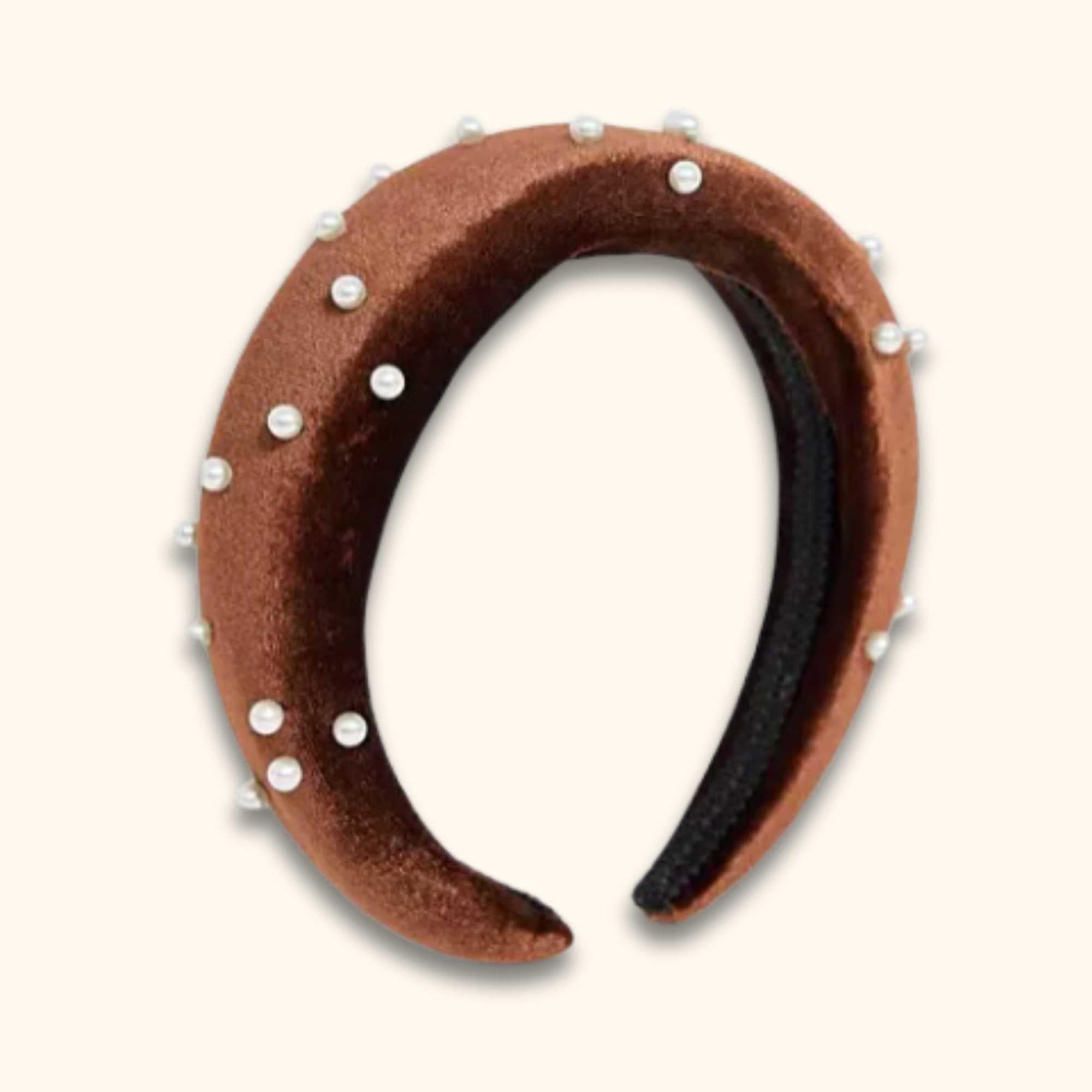 Brown Velvet Chunky Pearl Headband - - Hair accessories