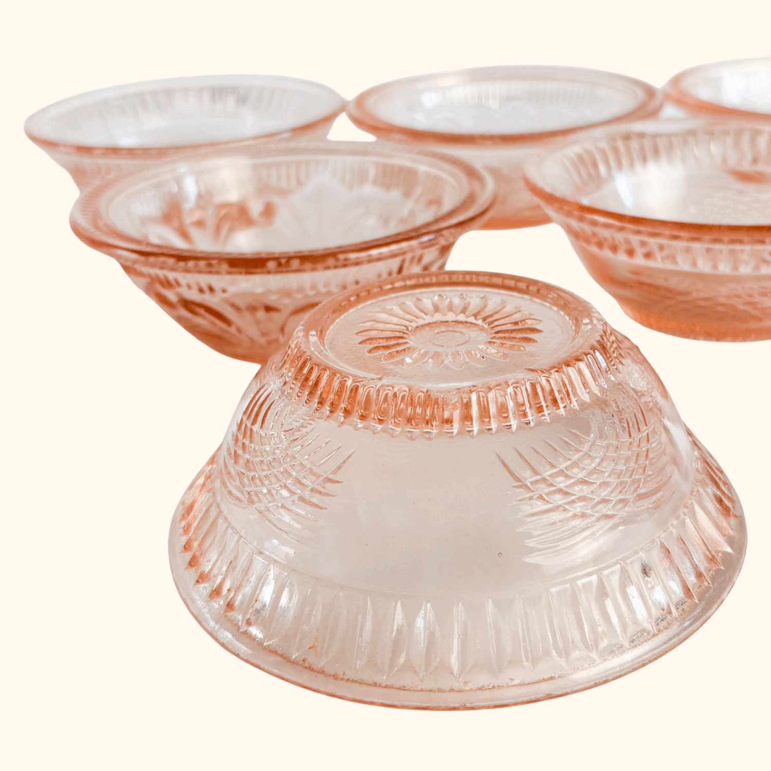 Vintage 1950s Pink Pressed Glass Bowls Set of 7 Sunshine Thrift