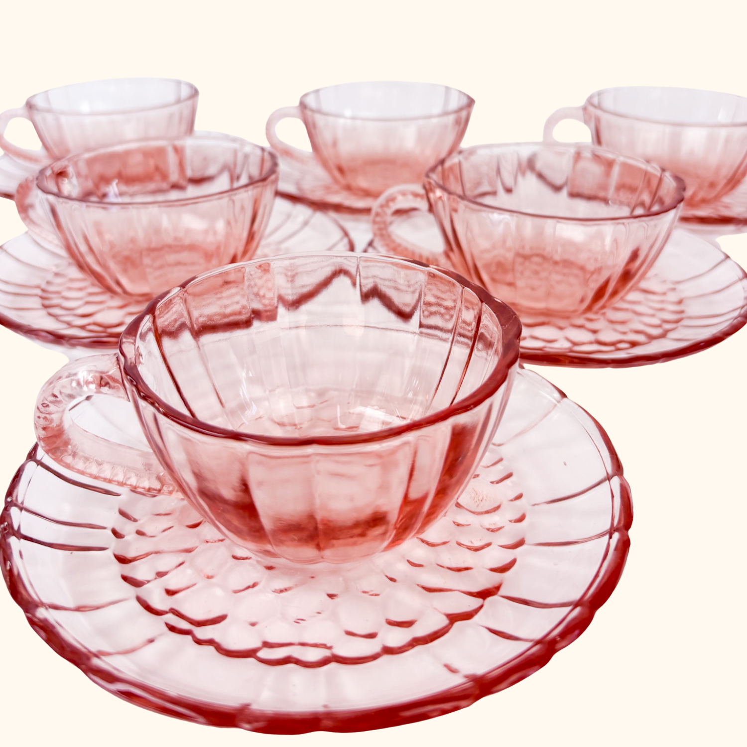 Pink Glass Tea Cup and Saucer - Set of 6 Sunshine Thrift