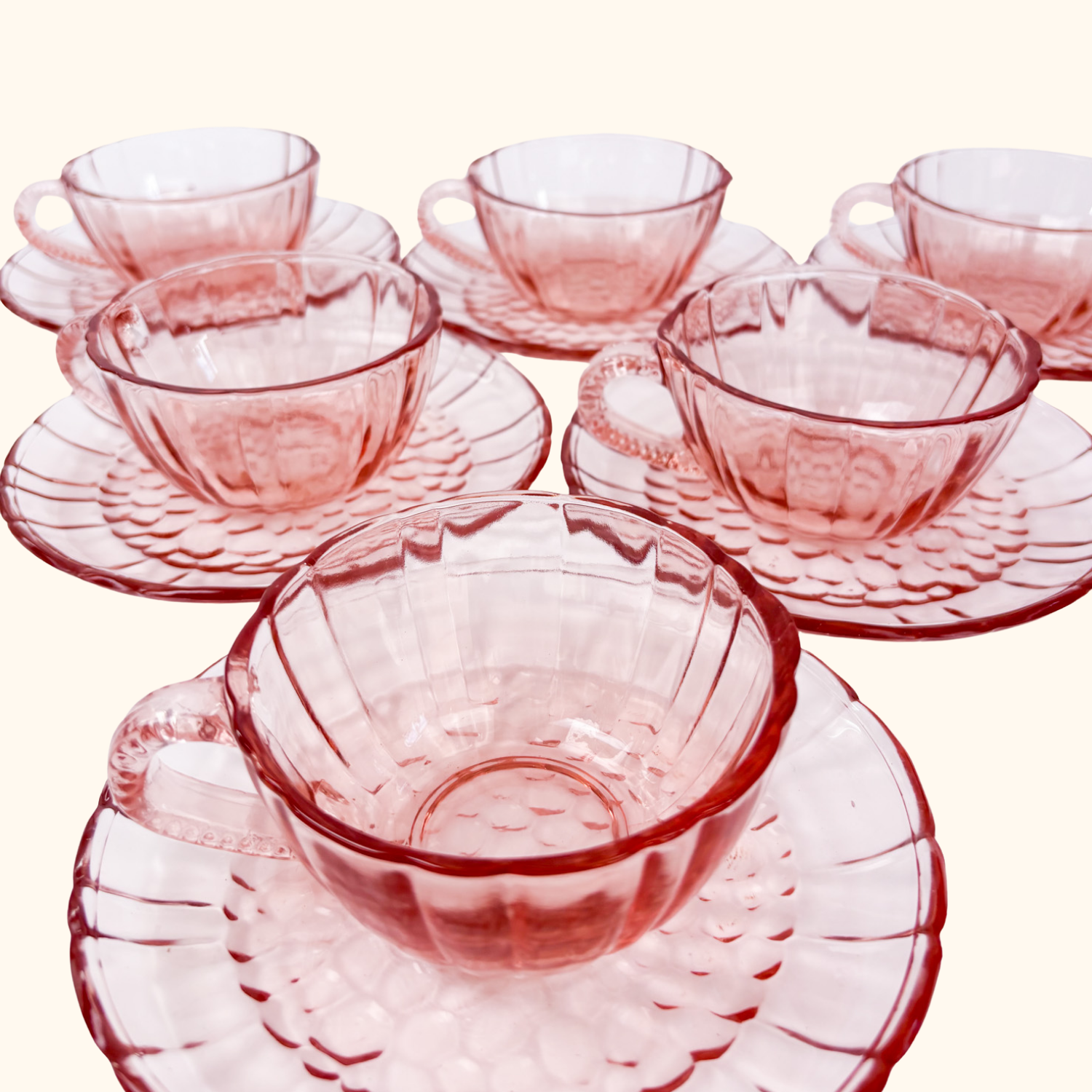 Pink Glass Tea Cup and Saucer - Set of 6 Sunshine Thrift