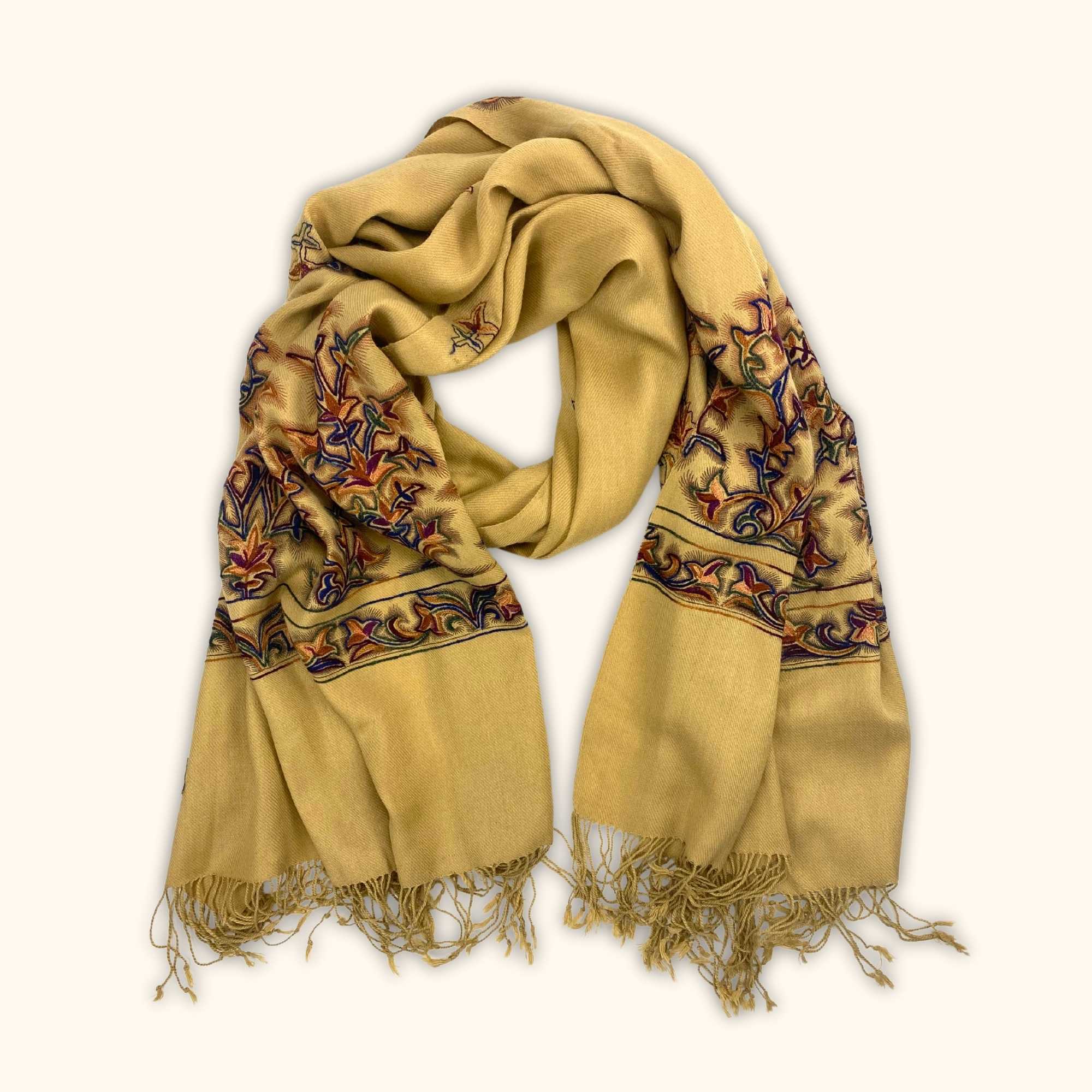 Cashmere Blend Embroidered Wrap Scarf Brown -  - Scarves