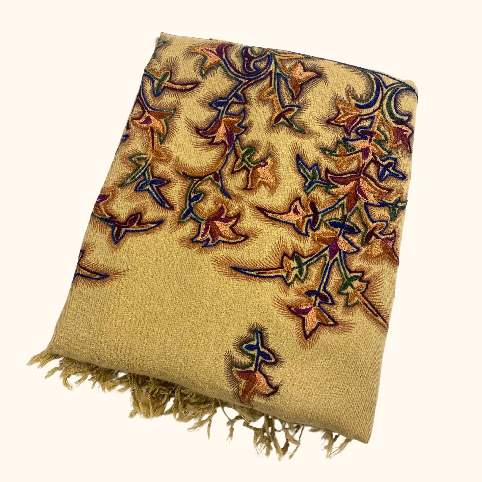 Cashmere Blend Embroidered Wrap Scarf Brown -  - Scarves