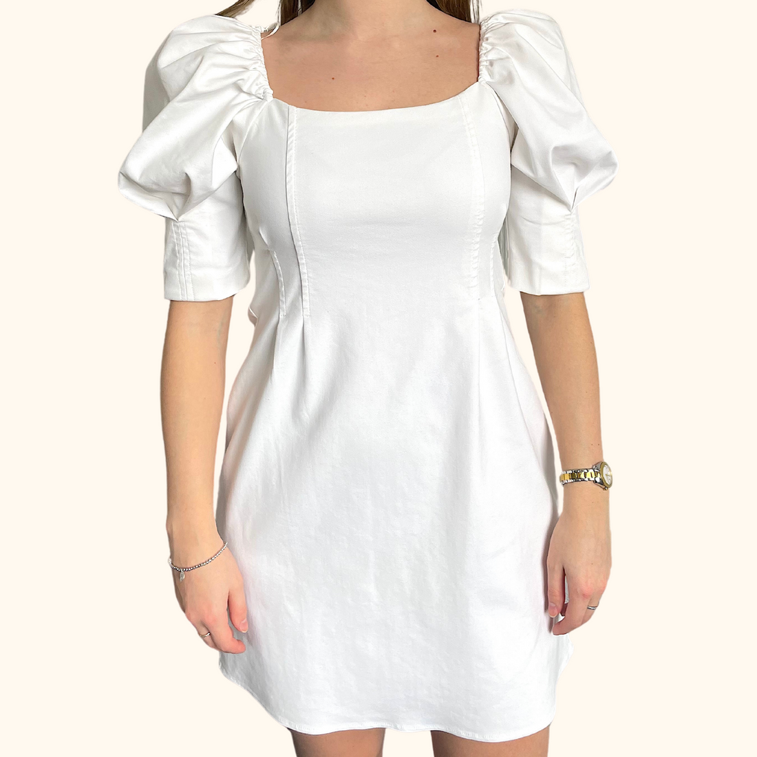 Zara White Denim Puff Sleeve Mini Dress - Size Medium -  - Dresses
