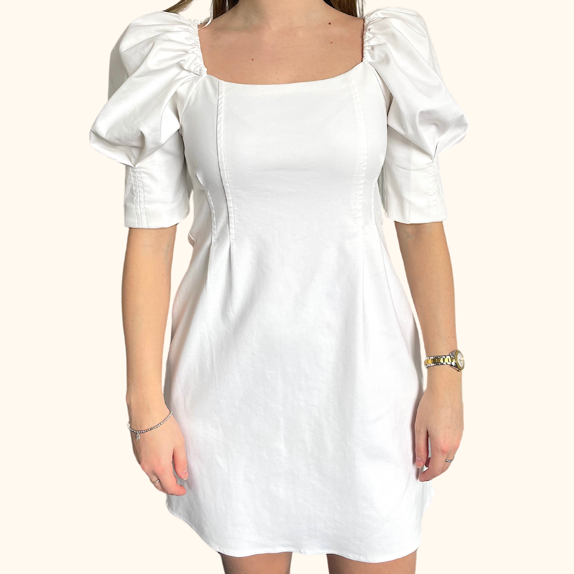 Zara White Denim Puff Sleeve Mini Dress - Size Medium -  - Dresses