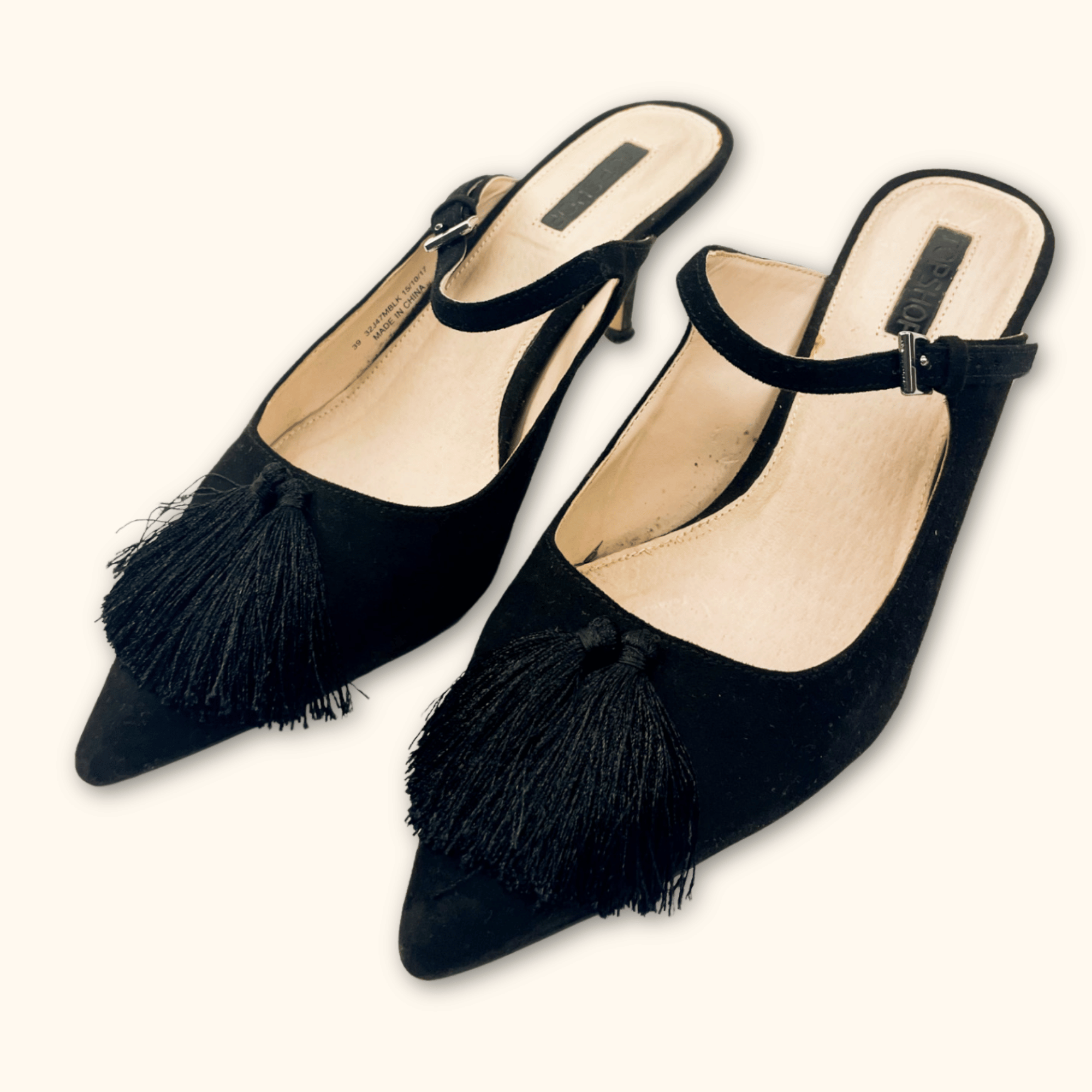 Topshop Black Tassel Heels - Size 6 Topshop