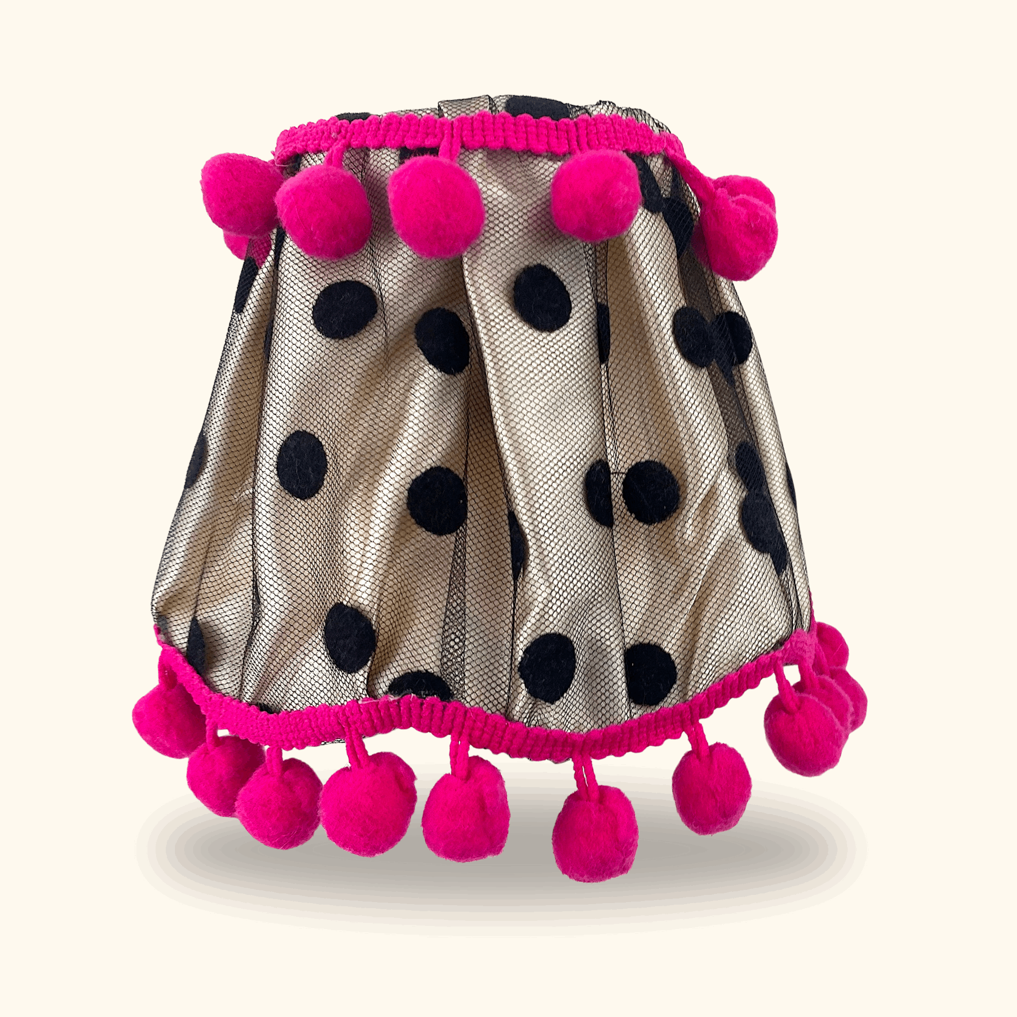 Handmade Black Polka Dot and Pink Pom Pom Candle Lampshade - - Decoration