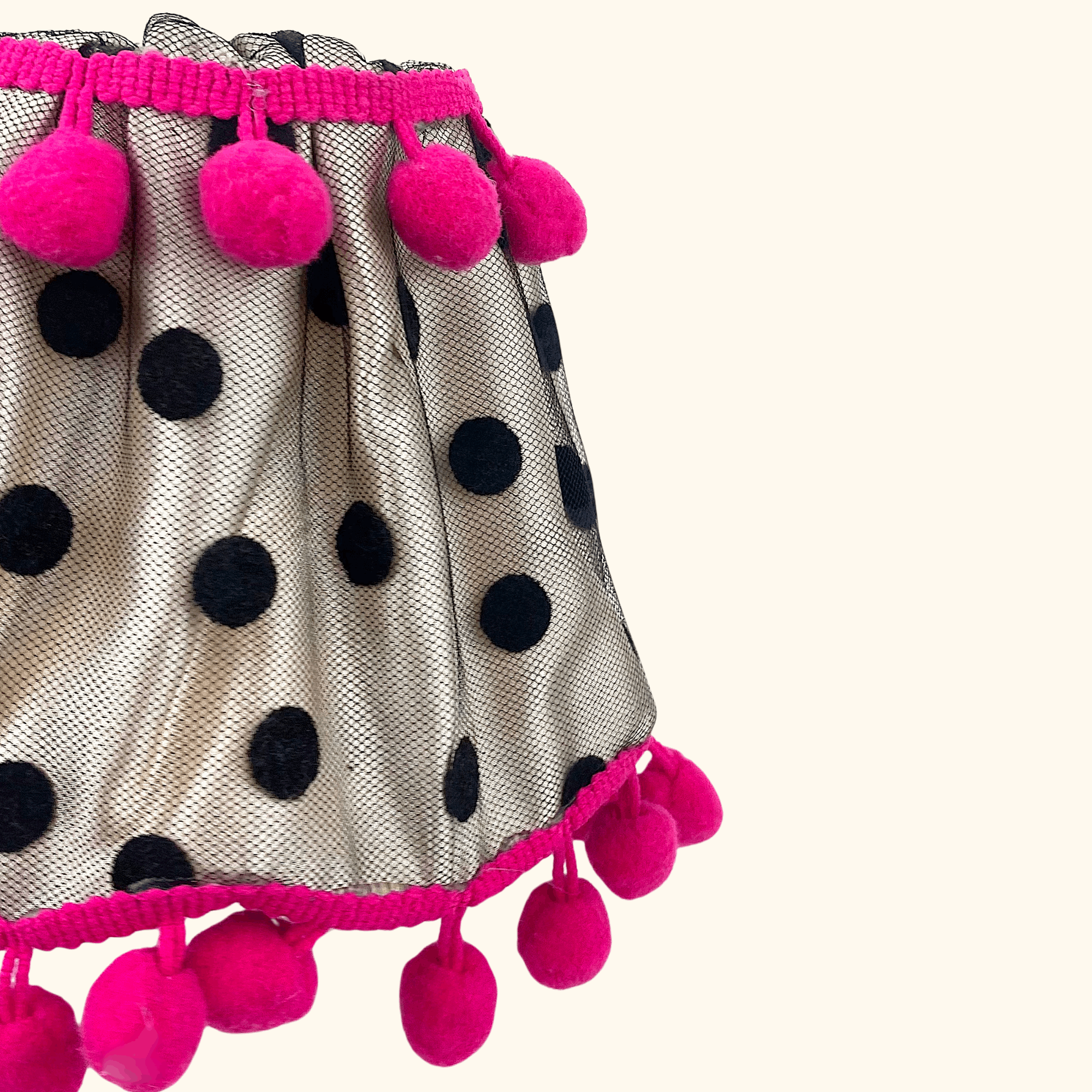Handmade Black Polka Dot and Pink Pom Pom Candle Lampshade - - Decoration