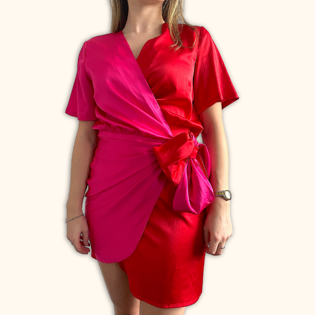 Never Fully Dressed Pink and Red Wrap Mini Dress - Size Medium -  - Dresses
