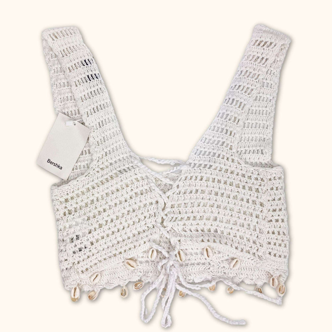 Bershka White Crochet Crop Top with Shells Size - Small - - Tops