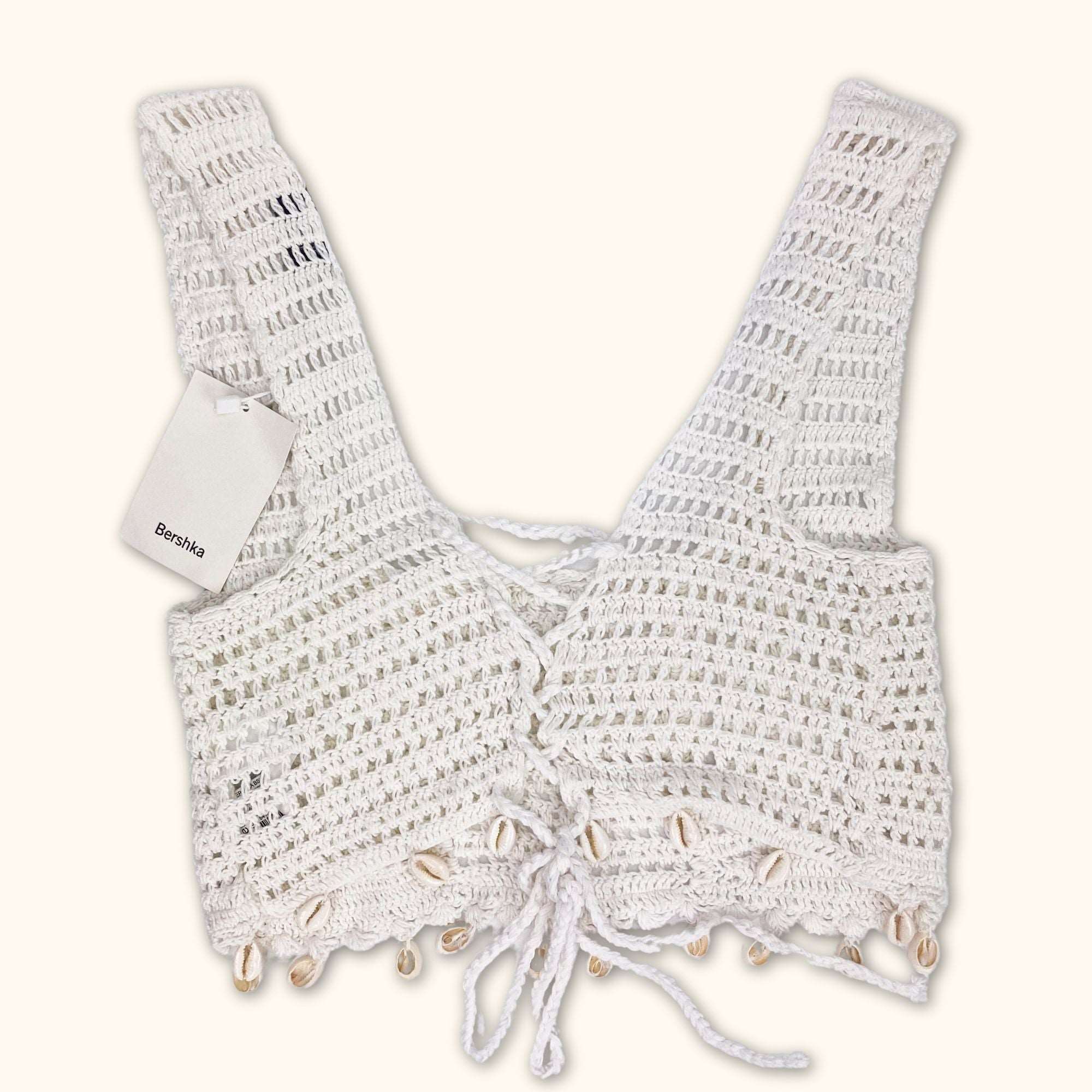 Bershka White Crochet Crop Top with Shells Size - Small - - Tops