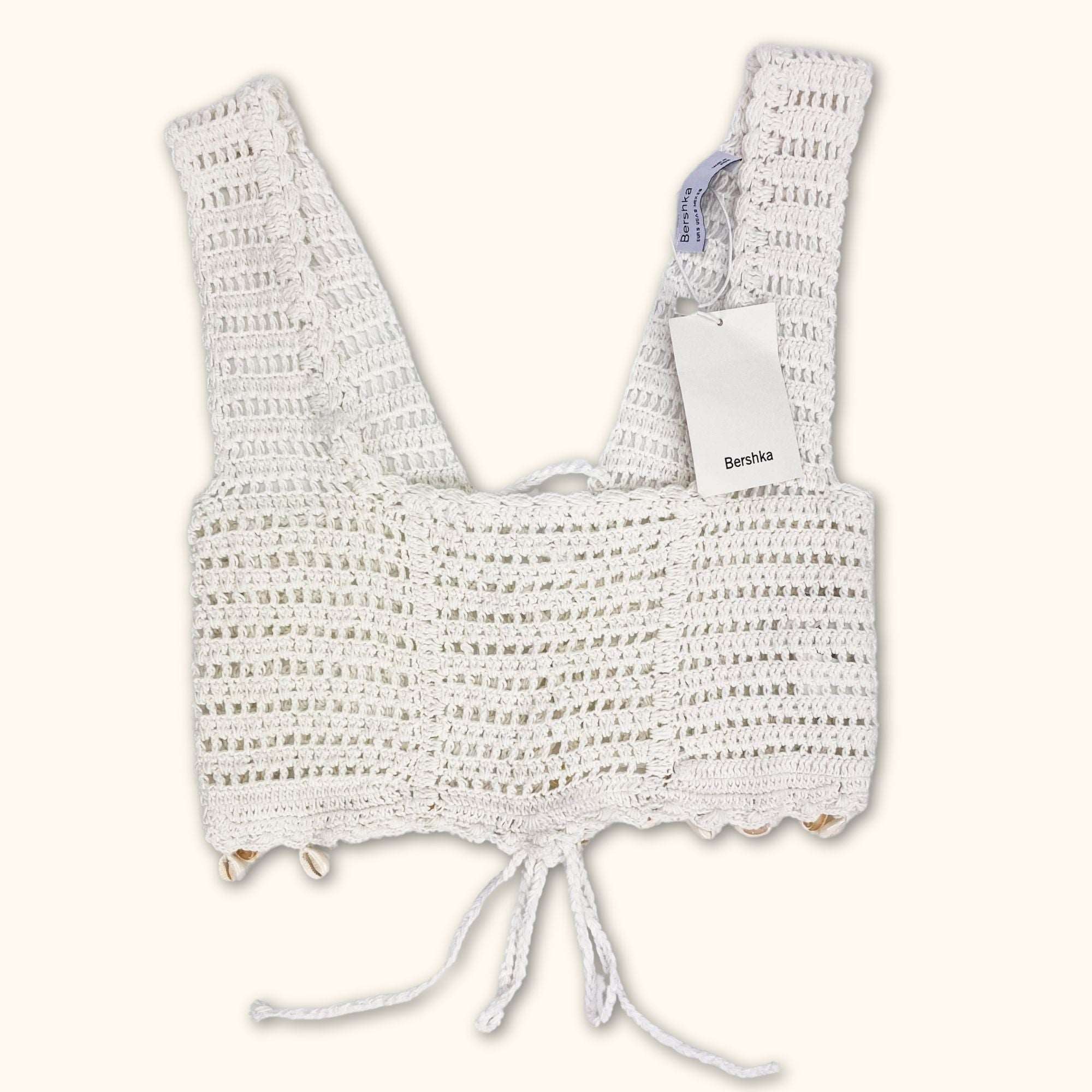 Bershka White Crochet Crop Top with Shells Size - Small - - Tops