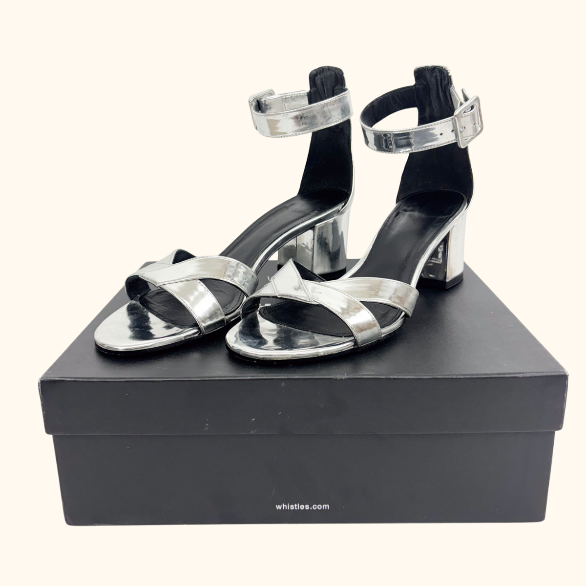 Whistles Metallic Silver Marquis Block Heel Sandals - Size 6