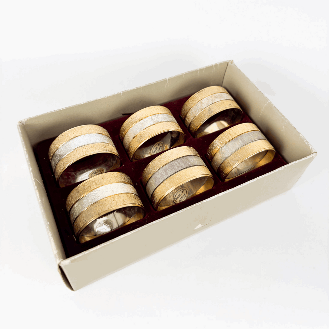 Mid Century Hong Kong Gold and Silver Napkin Rings Set of 6 Boxed Sunshine Thrift